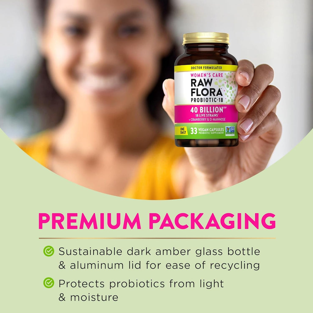 Raw Flora Women'S Probiotics | Dr. Formulated 40 Billion CFU + Prebiotics | Digestive, Vaginal & Urinary Support | 33 Vegan Capsules with Cranberry & D-Mannose | Shelf Stable