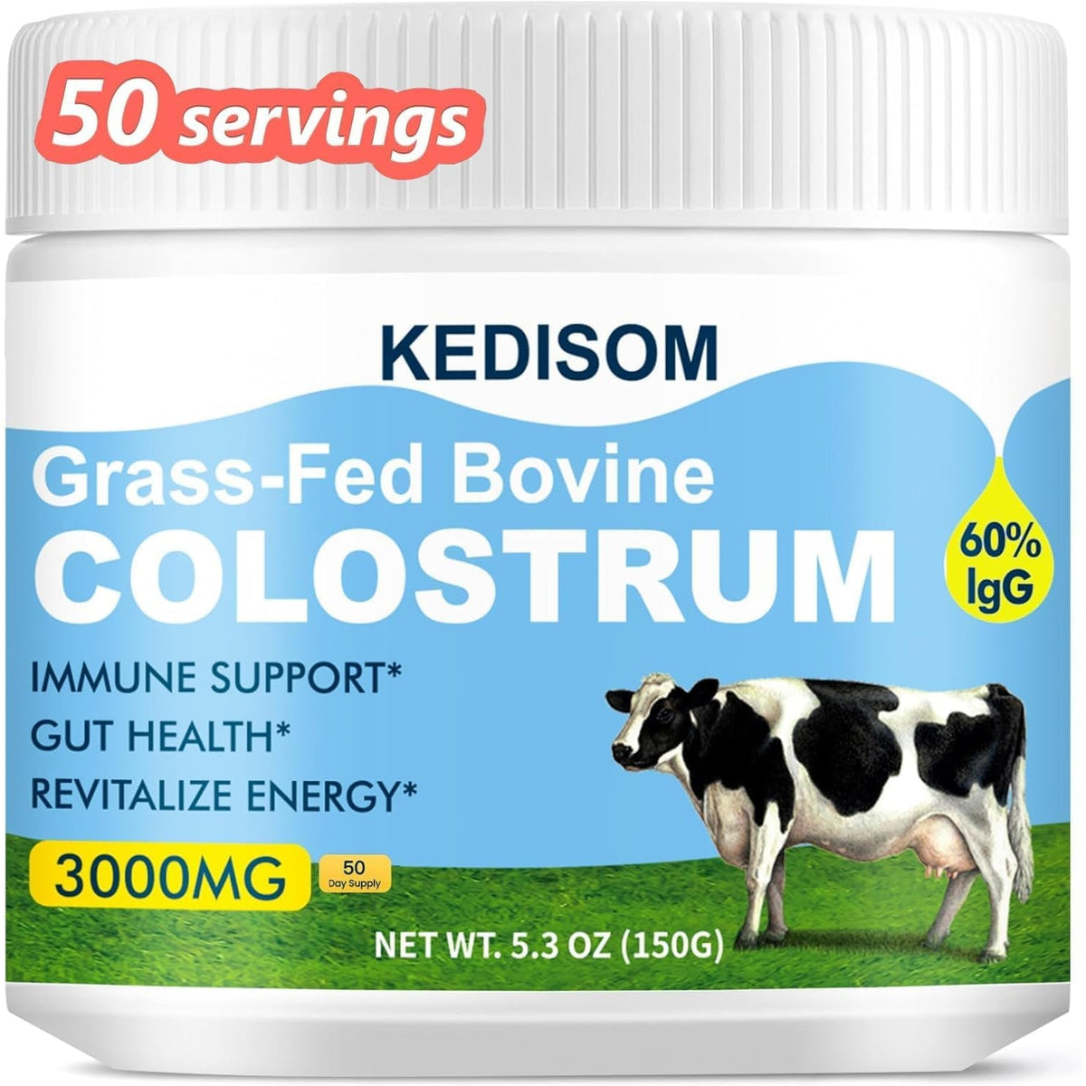 Grass-Fed Bovine Colostrum Supplement Powder - 60% High Igg 3000 Mg for Gut Health, Immune Support - Easy to Mix Natural Liposomal Colostrum Superfood, Unflavored, 50 Servings