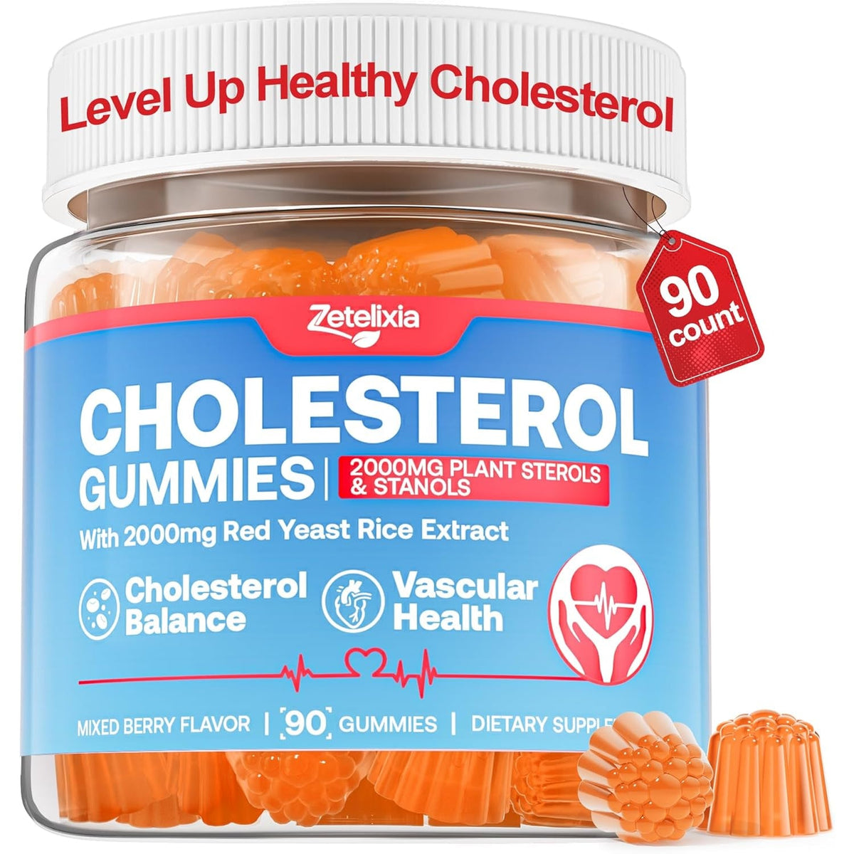Cholesterol Lowering Supplements Gummies, Cholesterol Gummies with Plant Sterols & Stanols, Red Yeast Rice, Lower Cholesterol Naturally – Vegan, Non-Gmo, Mixed Berry Flavor, 90Ct