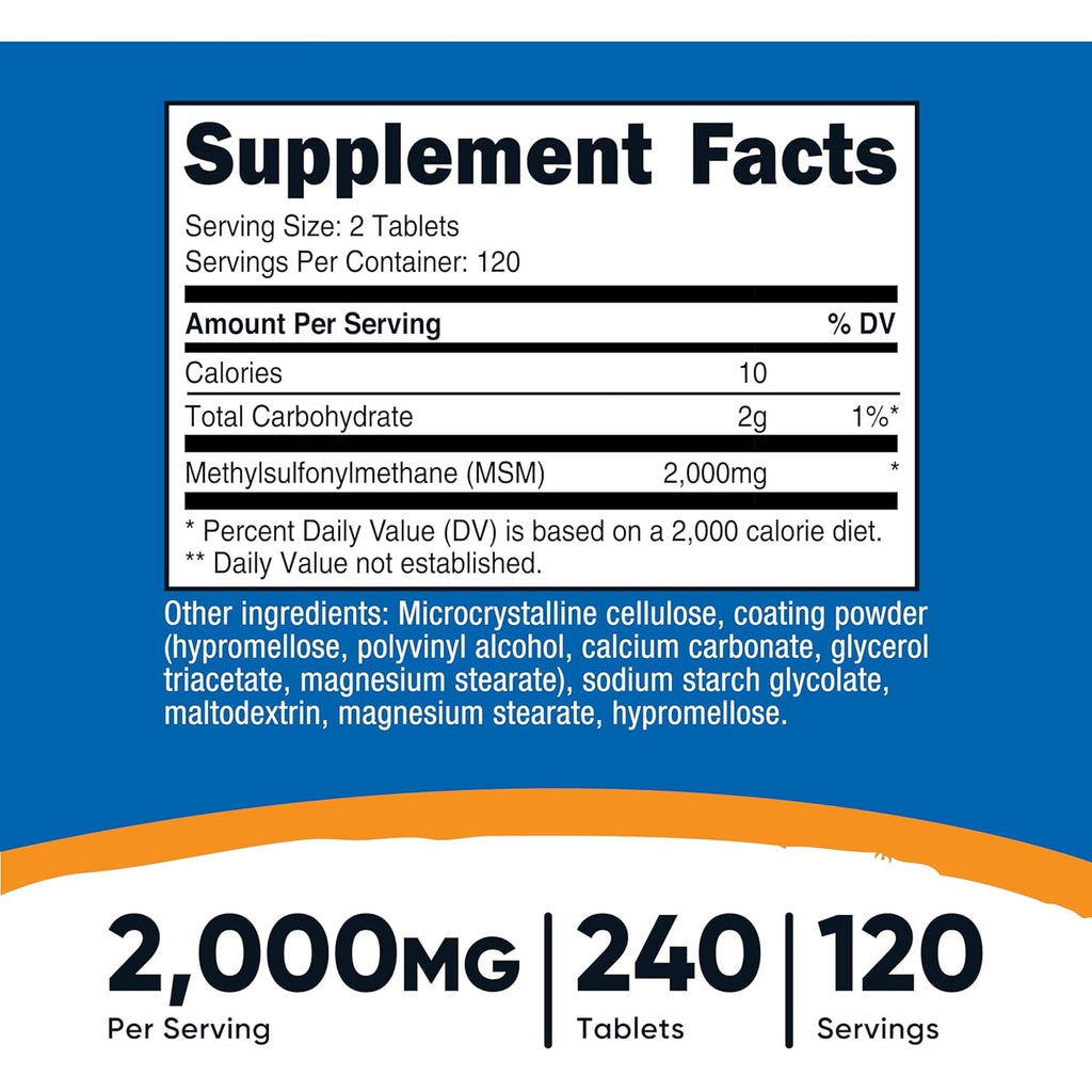 Nutricost MSM Tablets (Methylsulfonylmethane) 2000Mg per Serving, 120 Servings, 240 Tablets - Non-Gmo and Gluten Free