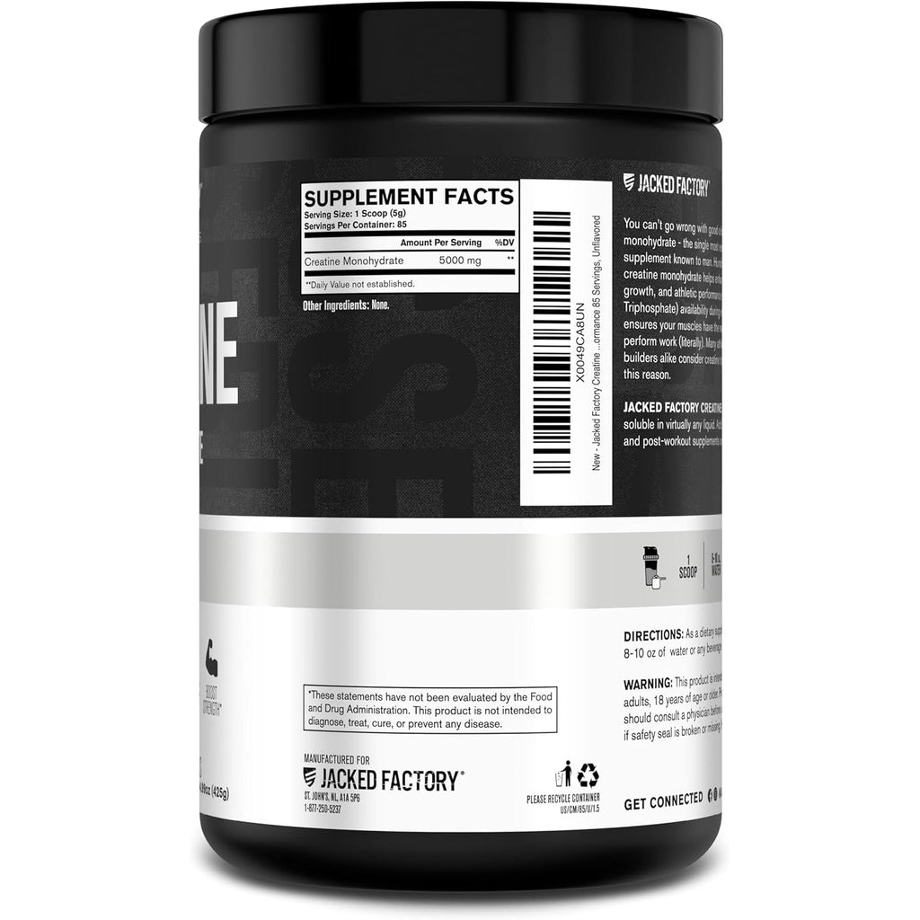 Jacked Factory Creatine Monohydrate Powder 425G - 5G Daily Creatine Supplement for Men and Women, Vegan-Friendly, Third-Party Tested - 85 Servings, Unflavored