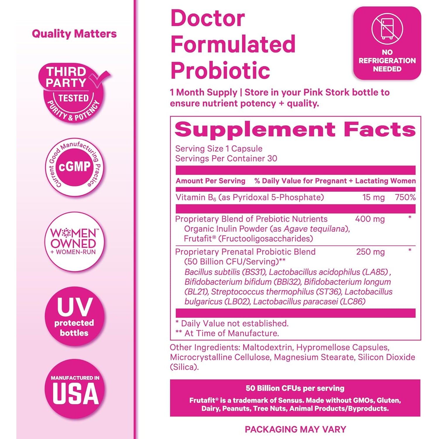 Pink Stork Prenatal Probiotic for Women with 50 Billion CFU | Vitamin B6 & Prebiotics | Pregnancy Probiotics for Morning Sickness | Digestive, Immune, & Gut Health | Vegan & Gluten-Free | 30 Capsules