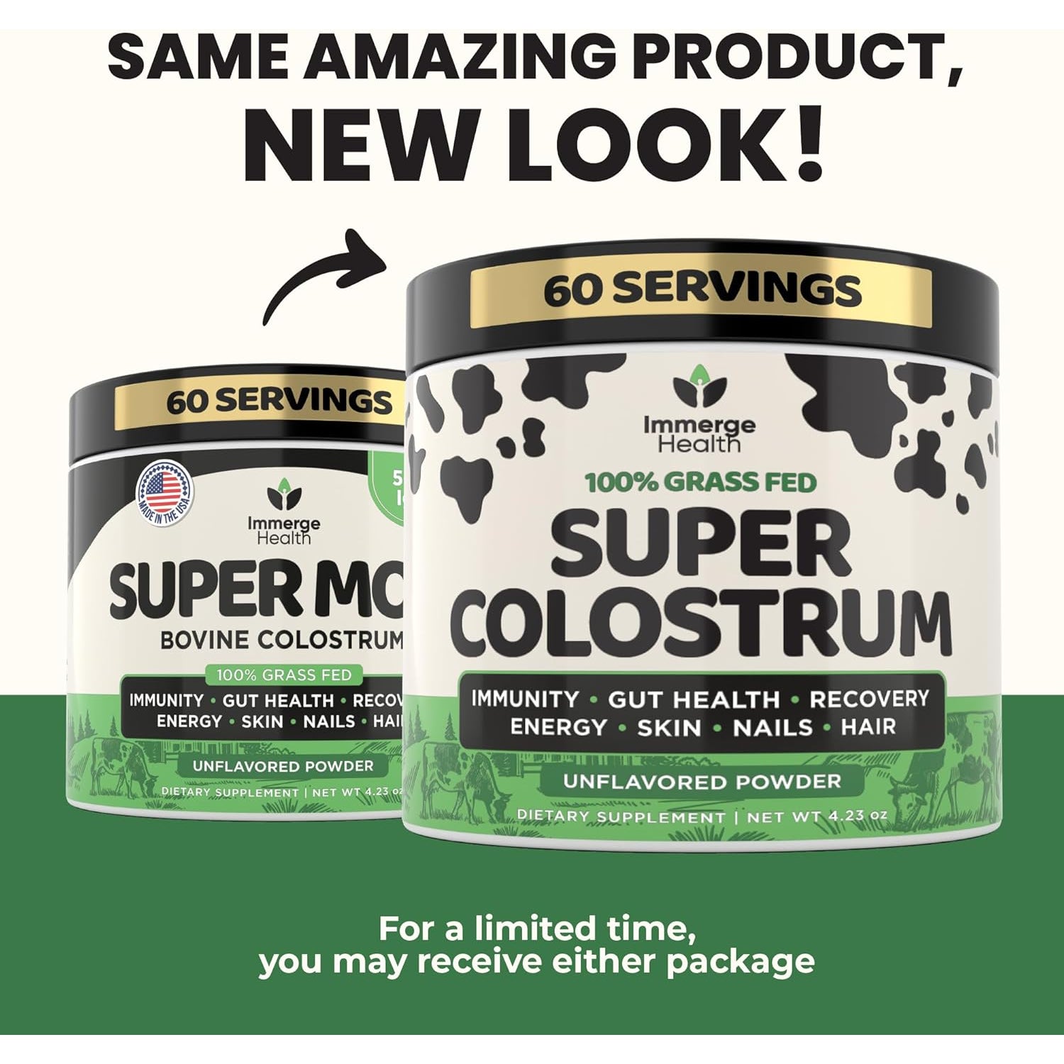 Immerge Health Super Colostrum Powder (60 Servings) – Premium Bovine Colostrum Supplement for Gut Health, Bloating & Immune Support – High Igg, 100% Grass Fed First Milking, Unflavored, Made in USA