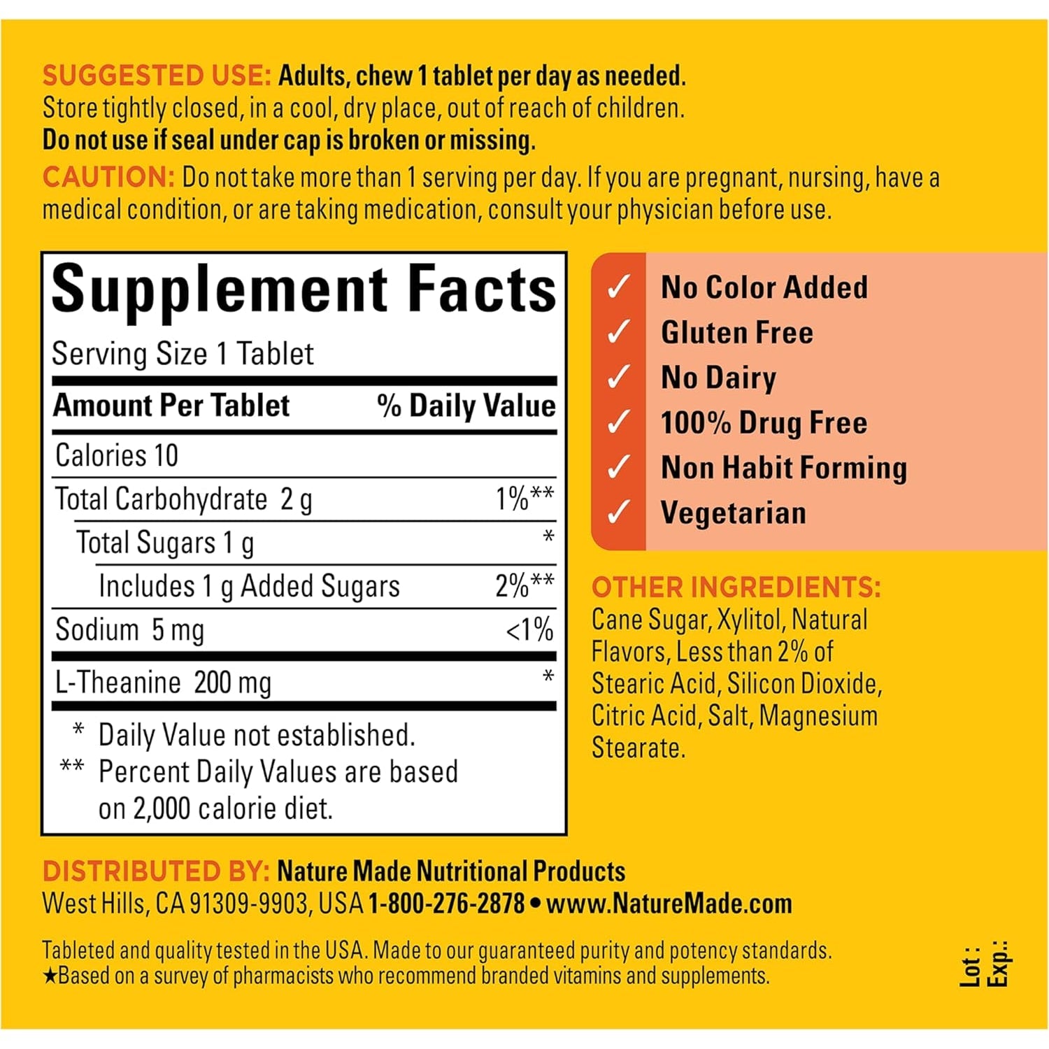 Nature Made Chewable L Theanine 200Mg, L-Theanine Supplement for Stress Relief, 50 Chewable Tablets, 50 Day Supply