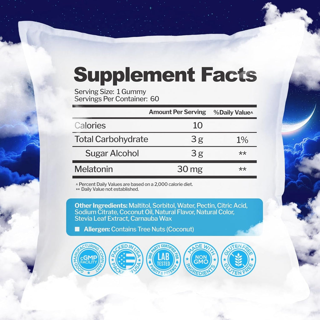 Melatonin 30Mg Gummies for Adults (60 Servings) - Maximum Strength Sleep Support with 30Mg of Melatonin per Gummy - Gluten-Free, Sugar-Free, 100% Vegetarian, Strawberry Flavor - 60 Gummies