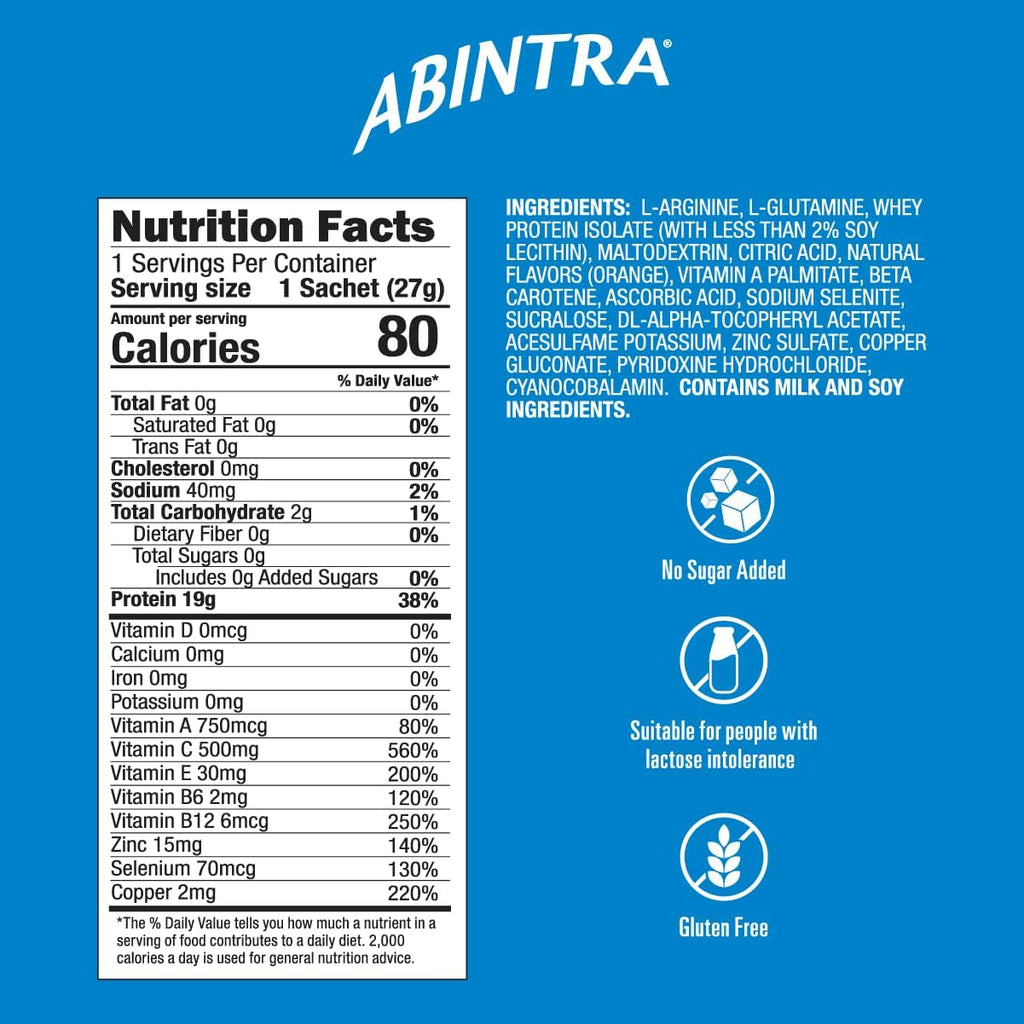 ABINTRA Specialized Nutrition for Wound Healing Includes L-Arginine, Orange Flavor, 6 Packets, 27G Each
