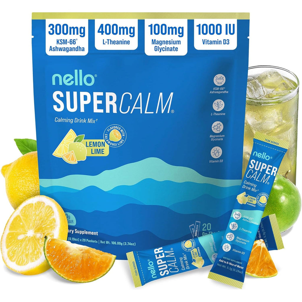 Nello Supercalm Powdered Drink Mix, Cortisol Reducer* and Sleep Aid Supplement, L Theanine, Ksm-66 Ashwagandha, Magnesium Glycinate, Vitamin D 3, No Sugar, Non GMO, on the Go, 20 Ct, Lemon Lime