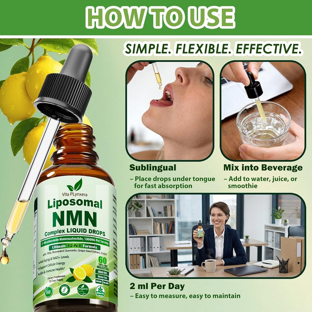 NMN Supplement Liquid Drops, Ultimate 12-In-1 NMN Beta 1000Mg W. Quercetin TMG Resveratrol Coq10 Astaxanthin for anti Aging Energy & Immune, NMNH Alternative Liposomal High Absorption for Women Men