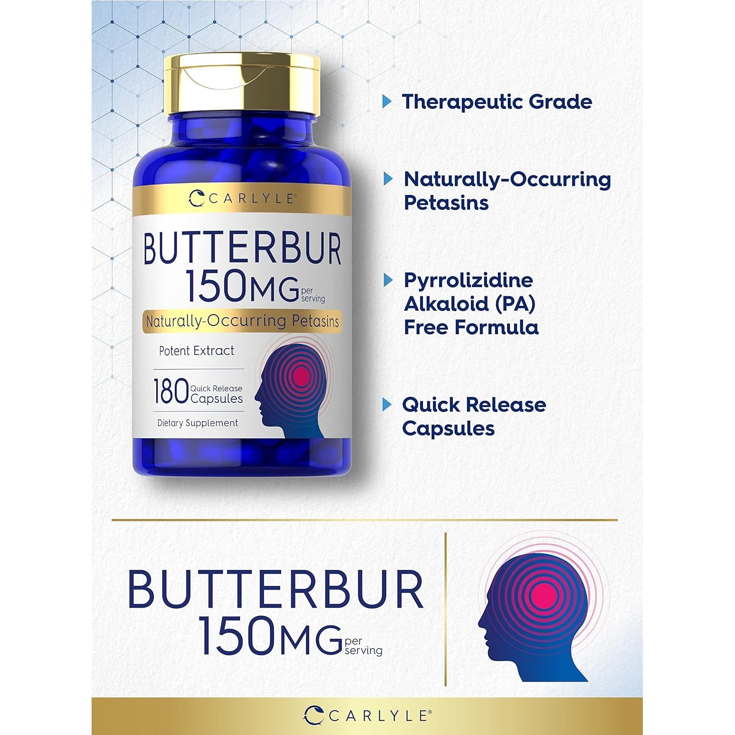 Carlyle Butterbur Supplement 150 Mg | 180 Capsules | PA Free Root Extract | Petasites Hybridus | Non-Gmo and Gluten Free