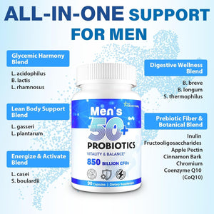 Probiotics for Men, Advanced 50+ Mens Probiotic, Comprehensive Gut & Energy Support with 850 Billion CFU, 1800Mg Prebiotics Fiber – Tailored Wellness Mens Probiotics for Gut Health over 50, 90 Capsule