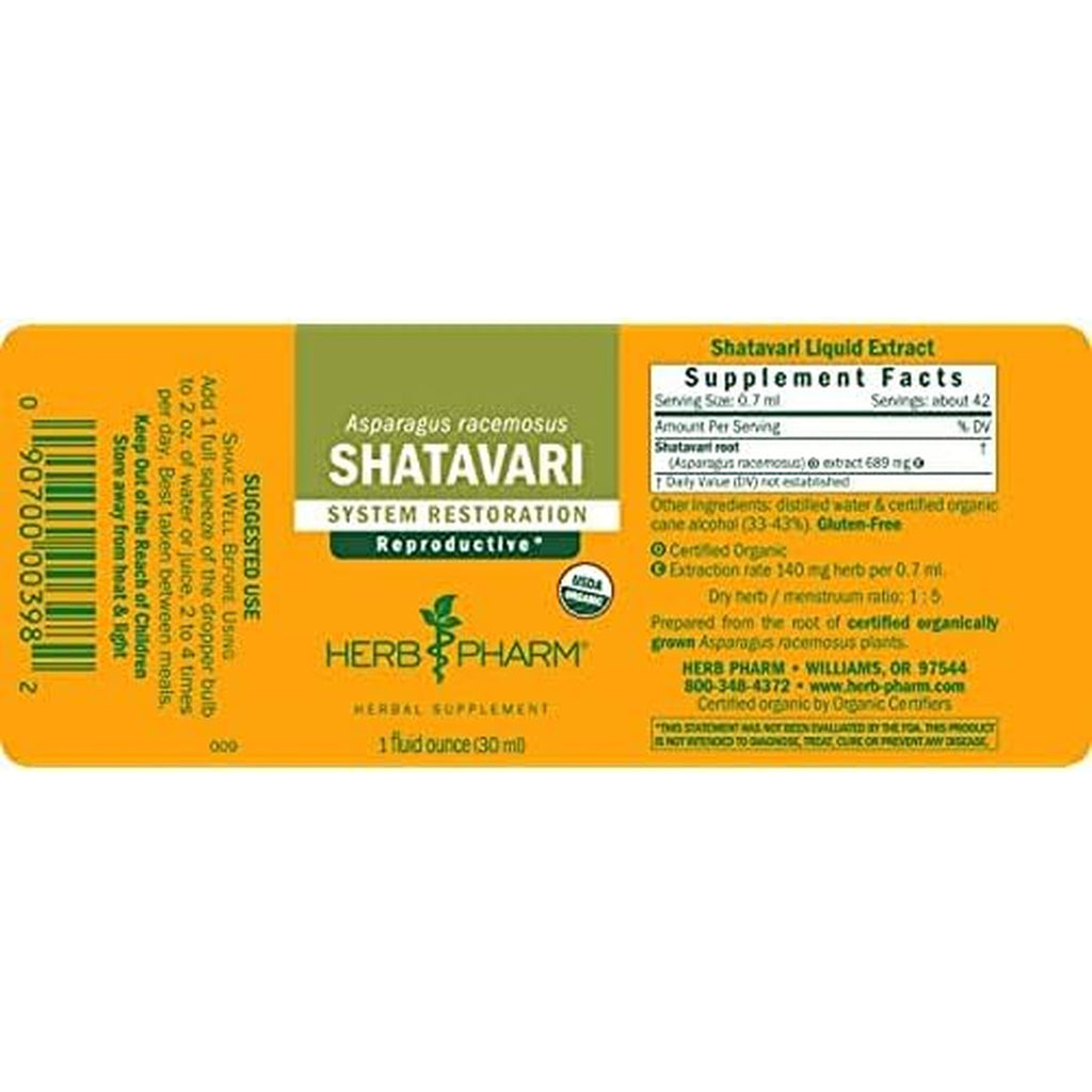 Herb Pharm Certified Organic Shatavari Liquid Extract Drops for Female Reproductive System Support, 1 Oz