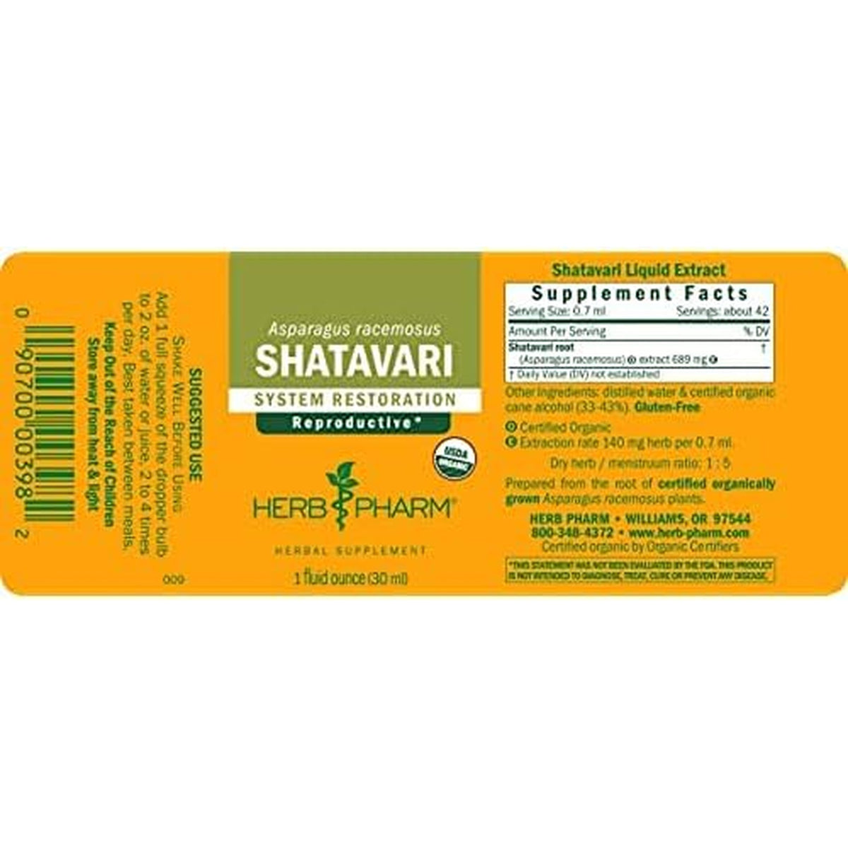Herb Pharm Certified Organic Shatavari Liquid Extract Drops for Female Reproductive System Support, 1 Oz