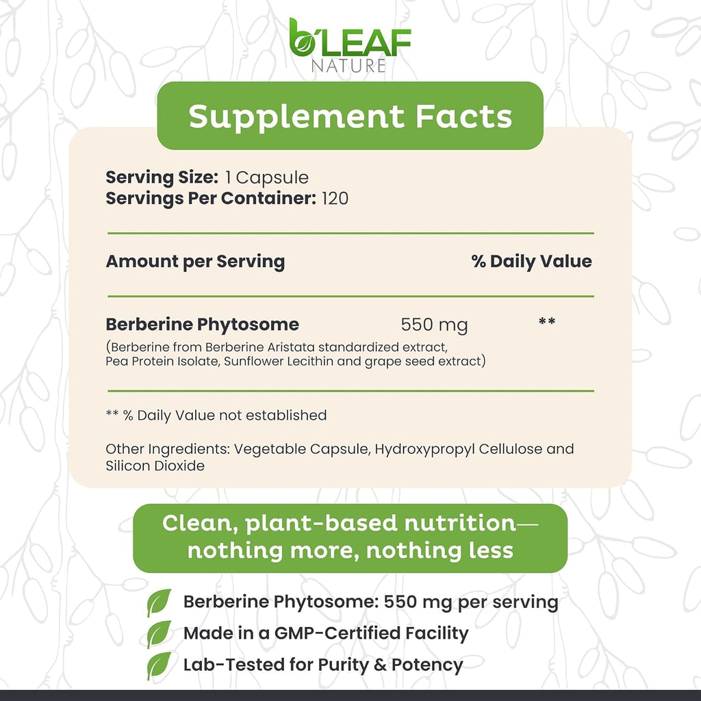 B’Leaf Nature Berberine Phytosome, 120 Capsules – 1100Mg Berberine Supplement for Metabolic and Cardiovascular Support – Vegan, Gluten-Free, Non-Gmo Berberine Phytosome Capsules for Immune Wellness