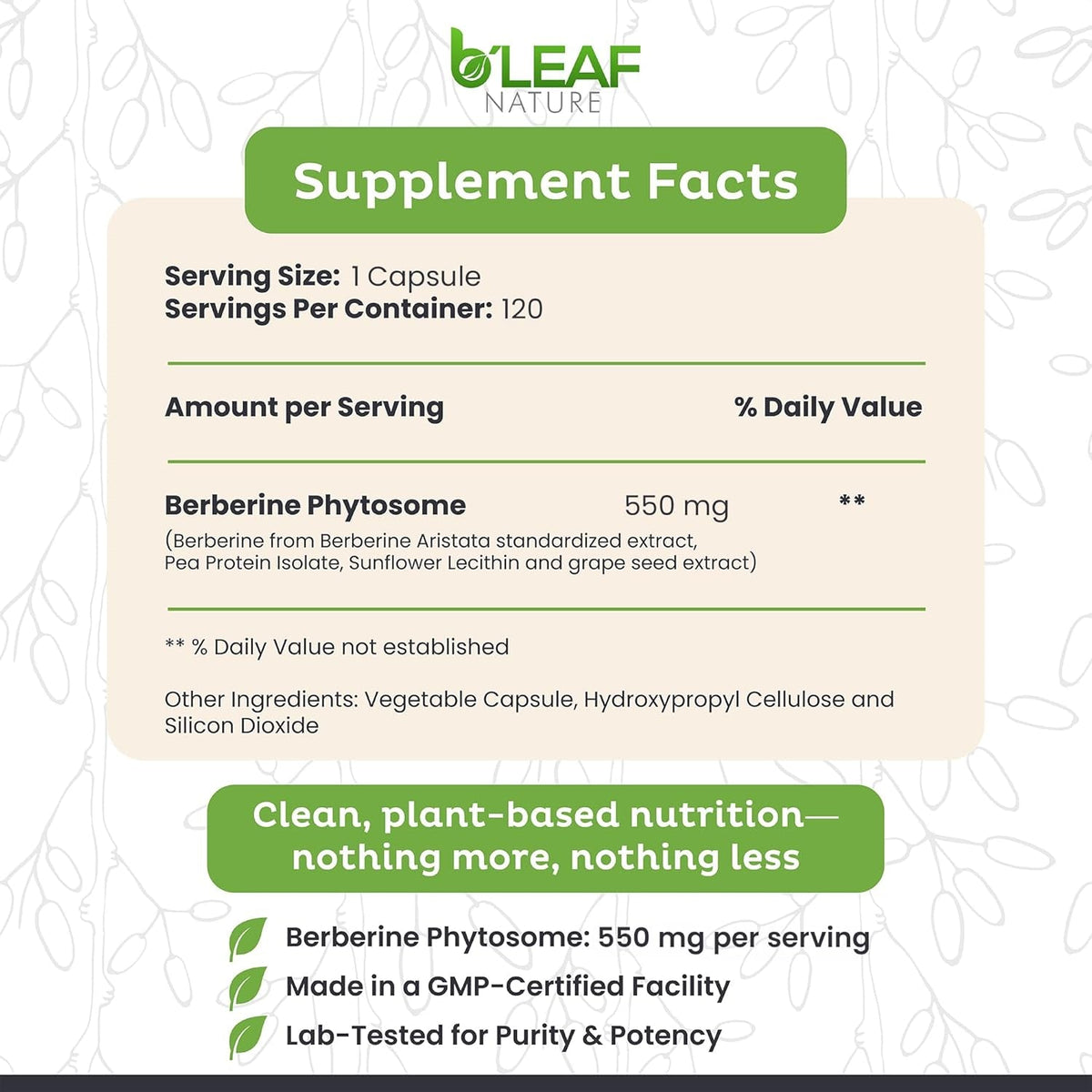 B’Leaf Nature Berberine Phytosome, 120 Capsules – 1100Mg Berberine Supplement for Metabolic and Cardiovascular Support – Vegan, Gluten-Free, Non-Gmo Berberine Phytosome Capsules for Immune Wellness