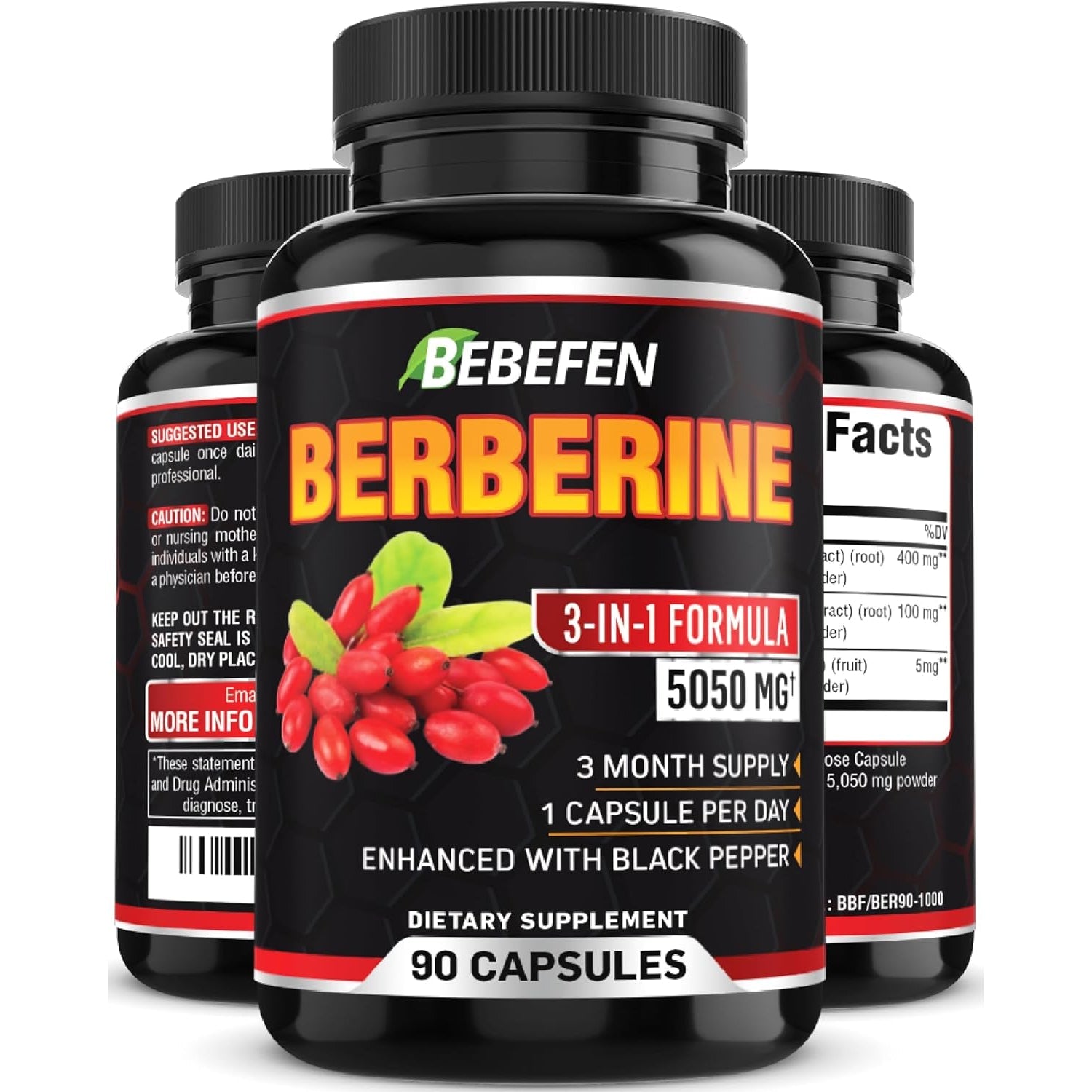 BEBEFEN Berberine Capsules with Black Pepper Extract - 90 Capsules - 3 Month Supply