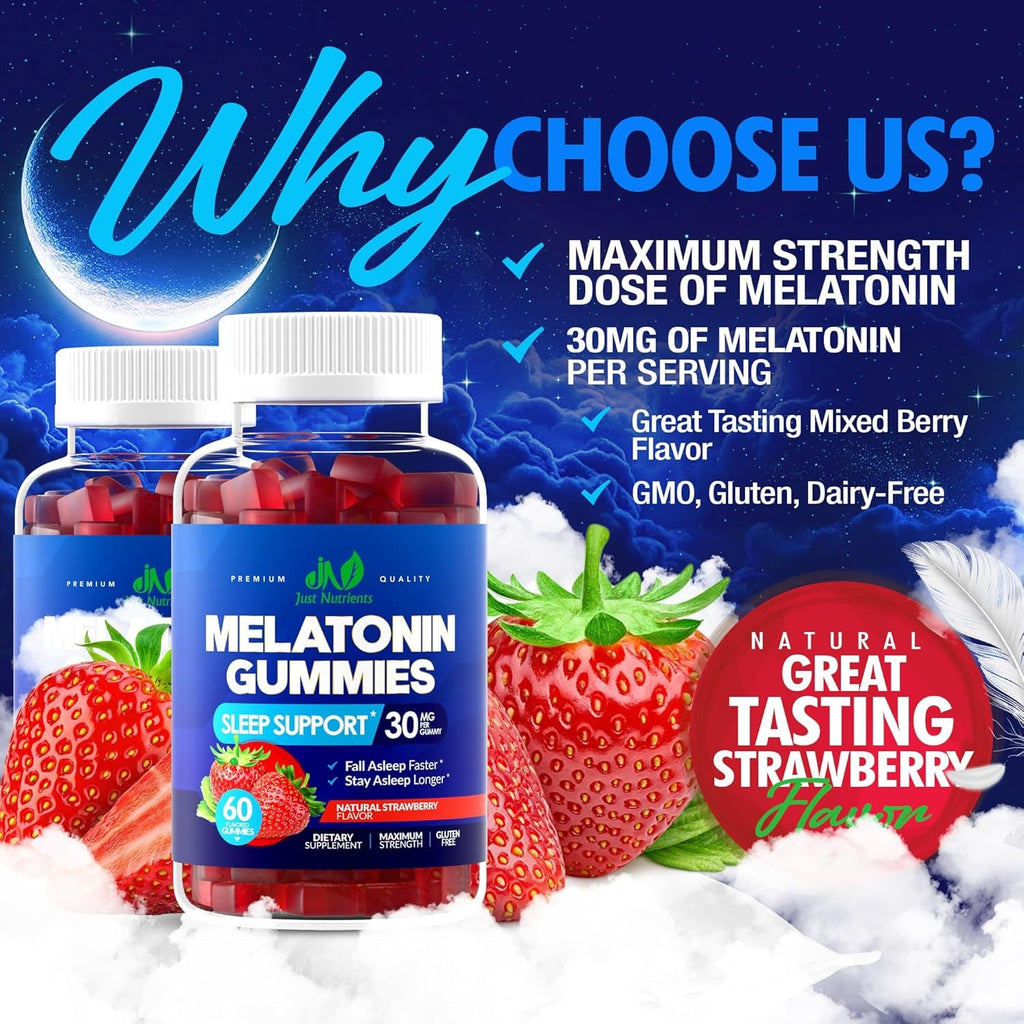 Melatonin 30Mg Gummies for Adults (60 Servings) - Maximum Strength Sleep Support with 30Mg of Melatonin per Gummy - Gluten-Free, Sugar-Free, 100% Vegetarian, Strawberry Flavor - 60 Gummies