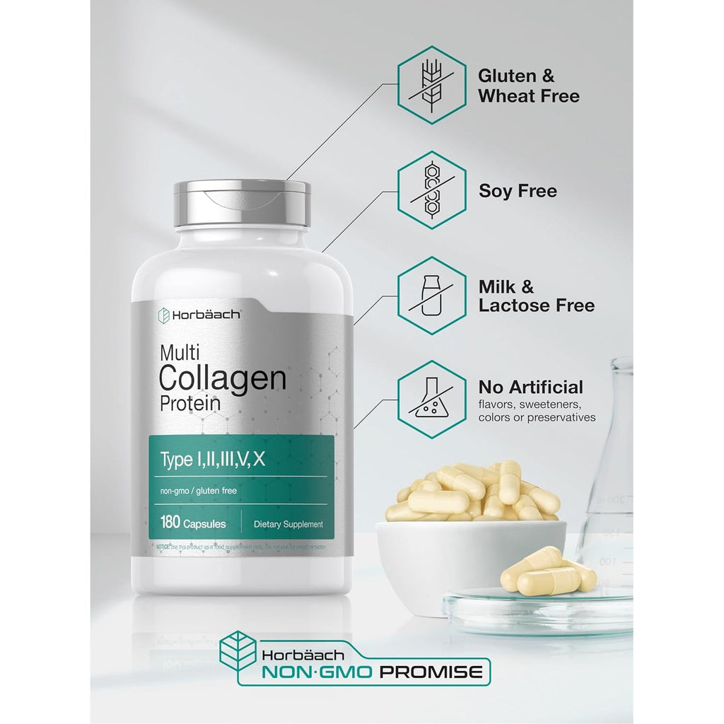 Horbäach Multi Collagen Protein 2000 Mg | 180 Capsules | Hydrolyzed Collagen Type I, II, III, V, X | Keto & Paleo Friendly, Non-Gmo, Gluten Free Supplement
