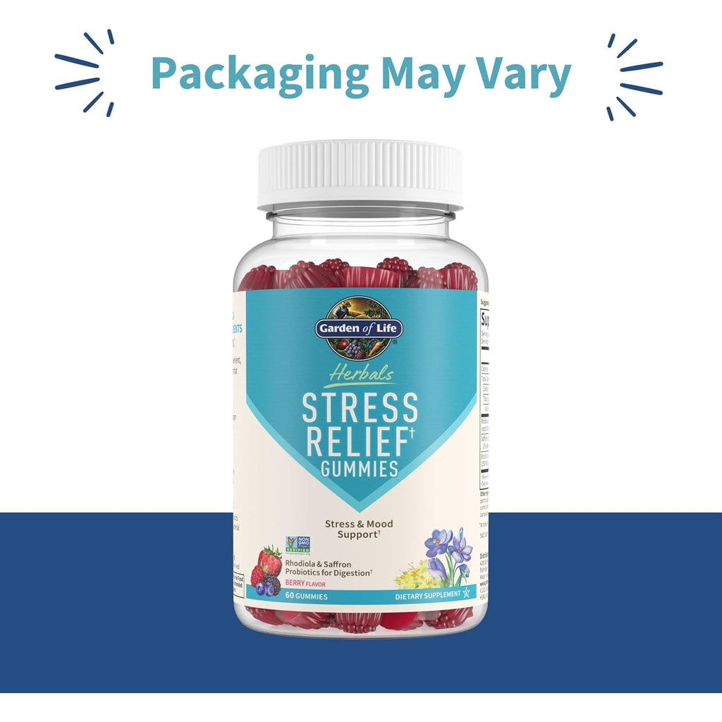 Garden of Life Herbals Stress Relief Gummy with Rhodiola & Saffron for Positive Mood & Stress Response plus Prebiotics & Probiotics for Digestive Support, Gluten-Free, Berry Flavor, 30 Servings