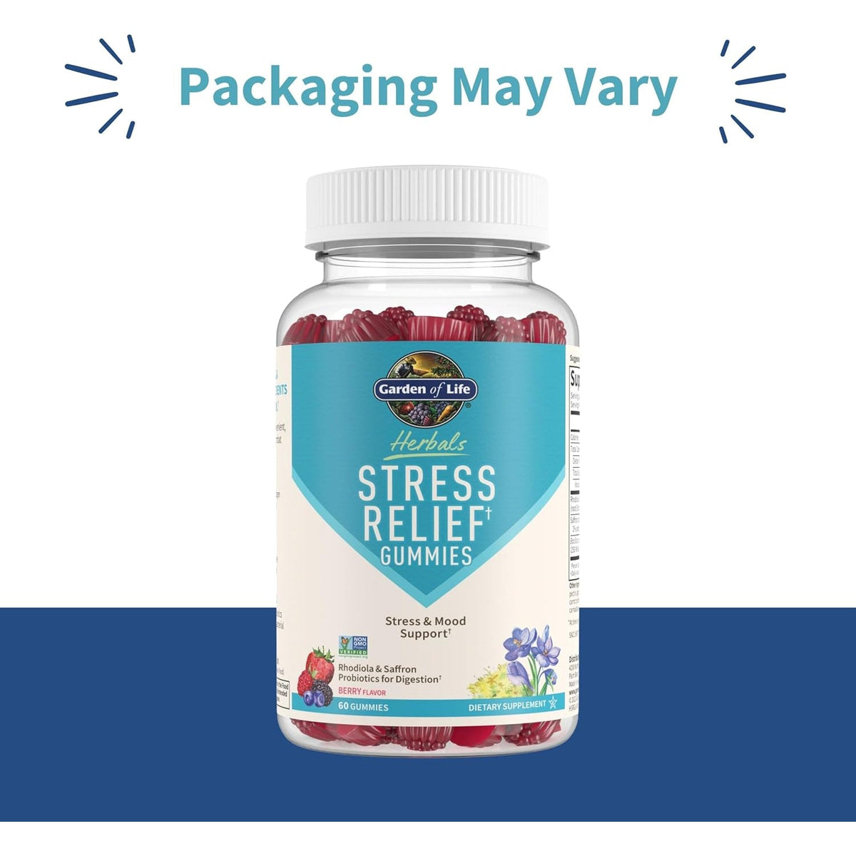 Garden of Life Herbals Stress Relief Gummy with Rhodiola & Saffron for Positive Mood & Stress Response plus Prebiotics & Probiotics for Digestive Support, Gluten-Free, Berry Flavor, 30 Servings