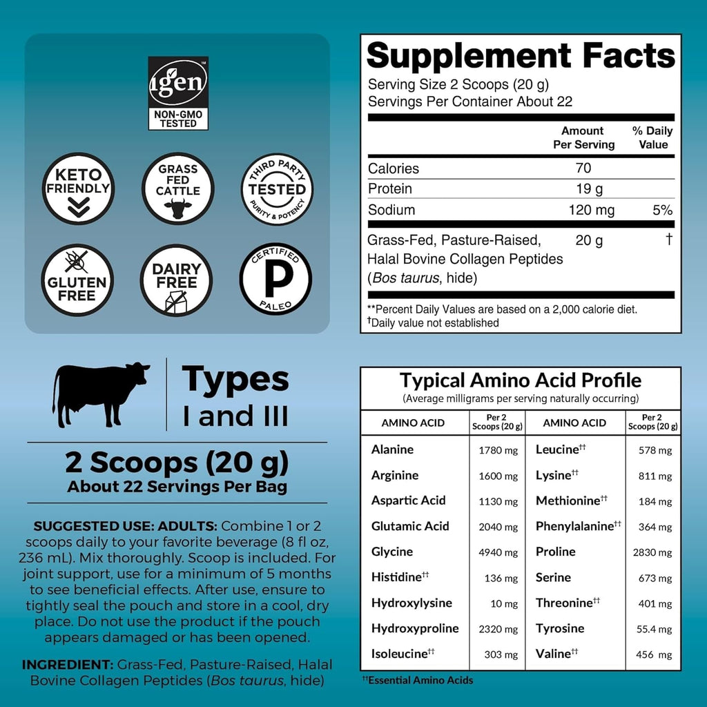 Viva Naturals Collagen Peptides Powder - Grass-Fed Hydrolyzed Bovine, Type I & III - 19 G Protein, Unflavored, Easy Dissolving - Joint, Skin, Hair & Nail Support - Paleo, Keto, Non-Gmo - 1Lb