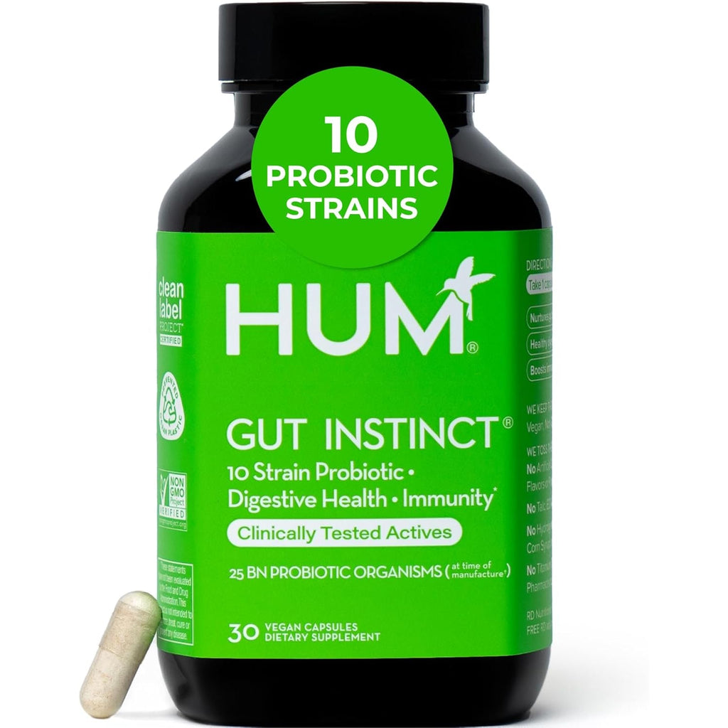 HUM Gut Instinct Daily Probiotics for Women and Men, Digestive Health, Lactobacillus, Bifidobacterium Strains for Immune Support, Probiotic Supplement for Healthy Gut Diversity, 30 Capsules