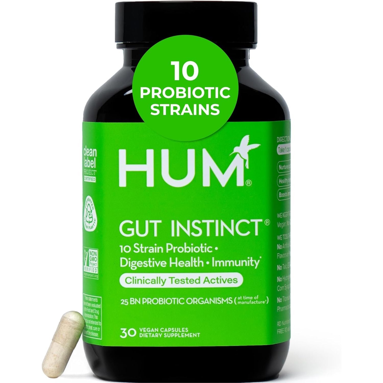 HUM Gut Instinct Daily Probiotics for Women and Men, Digestive Health, Lactobacillus, Bifidobacterium Strains for Immune Support, Probiotic Supplement for Healthy Gut Diversity, 30 Capsules
