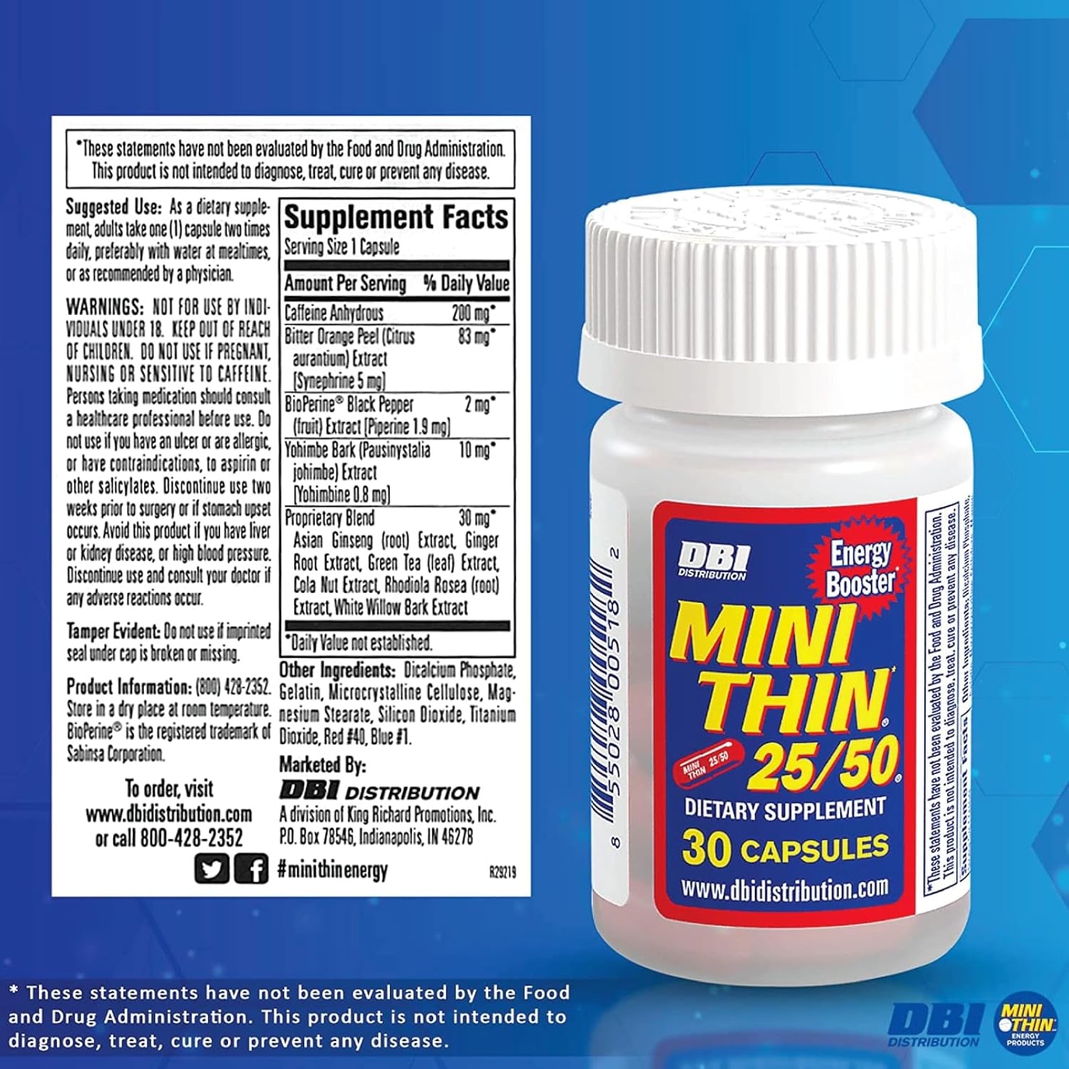 Mini Thin 25/50 - Energy Capsules Formulated with Caffeine - 30 Capsules