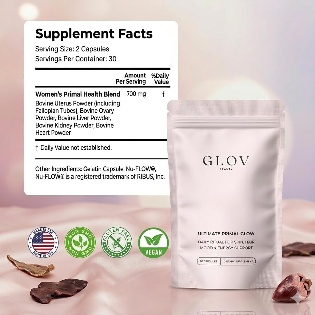 Glov Beauty Ultimate Primal Glow - Grass Fed Beef Organ Supplement for Women, Pasture Raised Liver, Heart, Kidney & Reproductive Beef Organs for Beauty, Energy & Vitality Support, 1Month Supply 60Caps