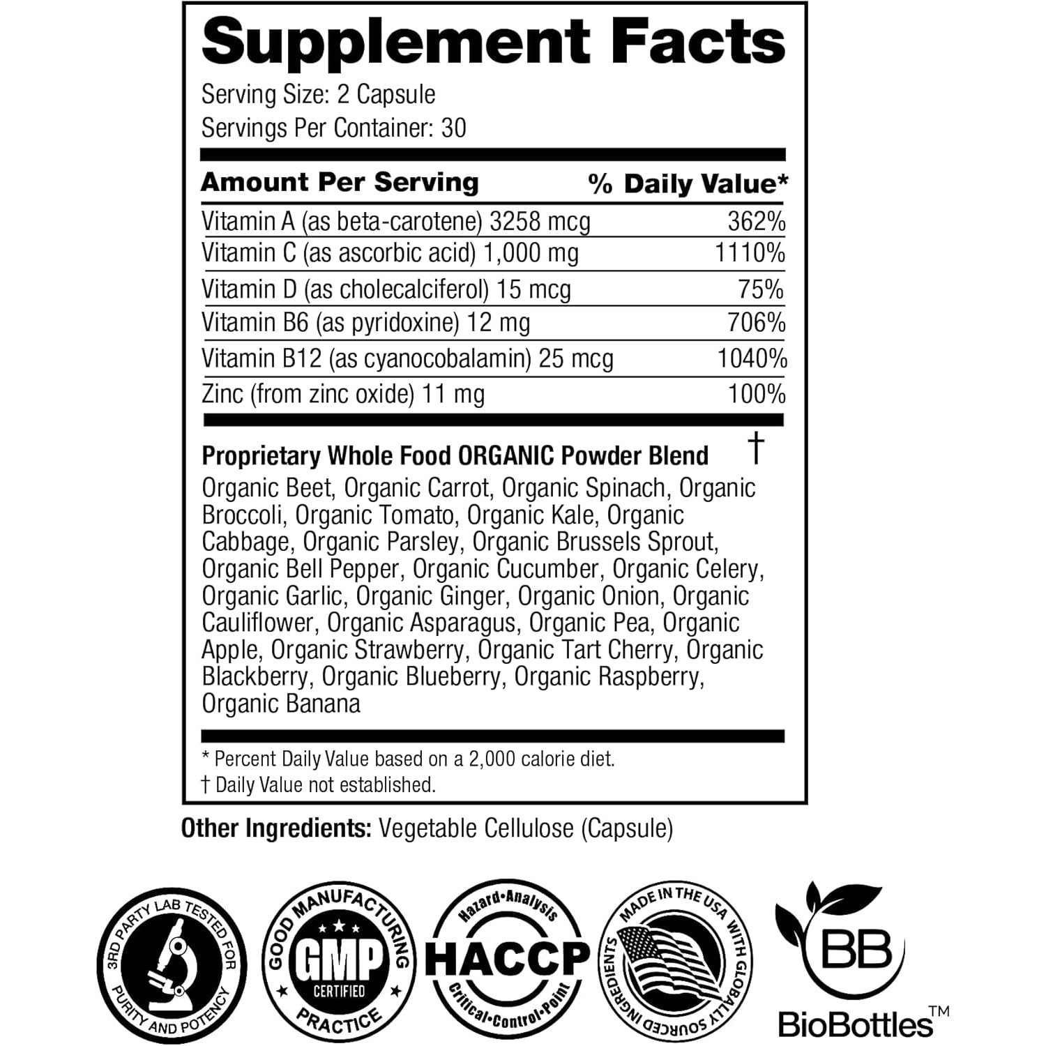 Feelgood Superfoods 1000Mg Immune Support Capsules Made with 25 Organic Fruits and Vegetables, Strong Immunity Boosters with Vitamins A, C, D3, and Zinc, 60 Count