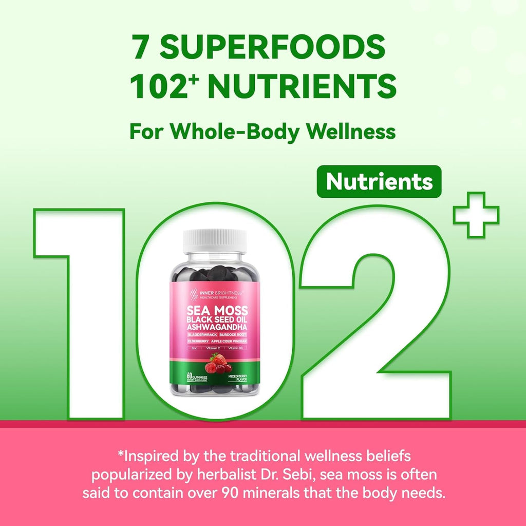 Inner Brightness Sea Moss 4000Mg Gummies with Ashwagandha, Elderberry, Apple Cider Vinegar, Bladderwrack, Burdock Root – Immune Support – Mixed Berry Flavor – 60 Count