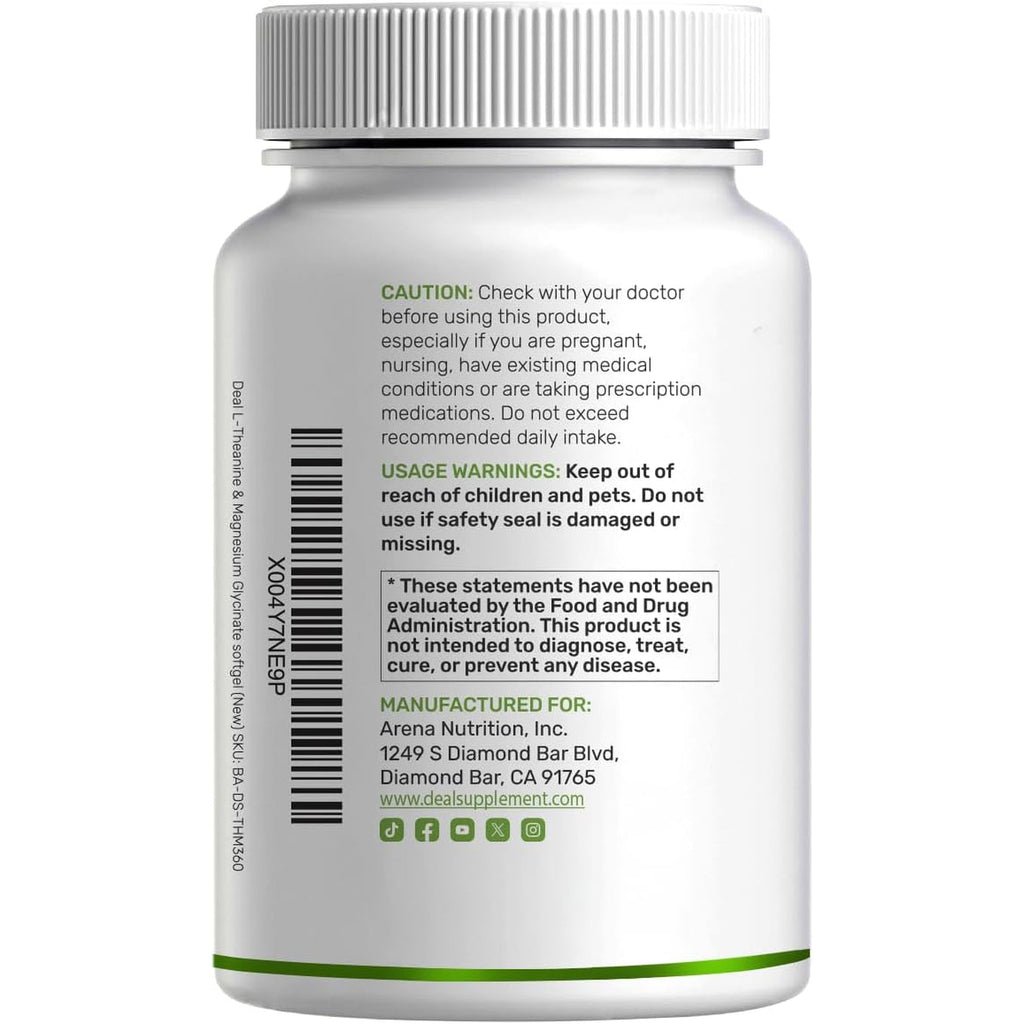 L-Theanine with Magnesium Glycinate, 360 Softgels | L-Theanine 200Mg & Magnesium Glycinate 200Mg per Serving | 2-In-1 Amino Acid & Mineral Complex | Made with Coconut Oil | Non-Gmo, Cgmp Manufactured