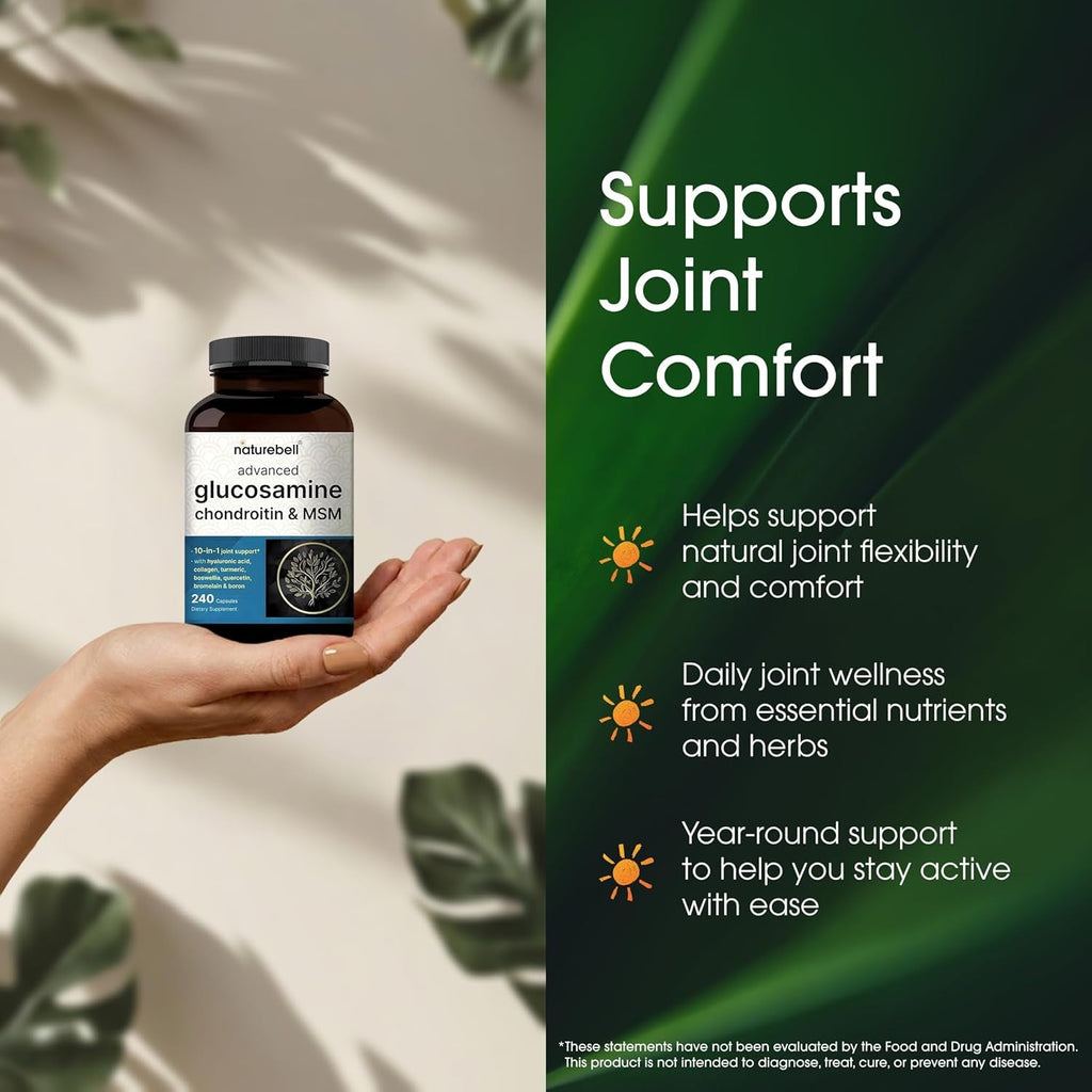 Naturebell Advanced Glucosamine Chondroitin & MSM - 240 Capsules - 10-In-1 Joint Support Complex* - Includes Hyaluronic Acid, Turmeric, Glucosamine, Collagen & More