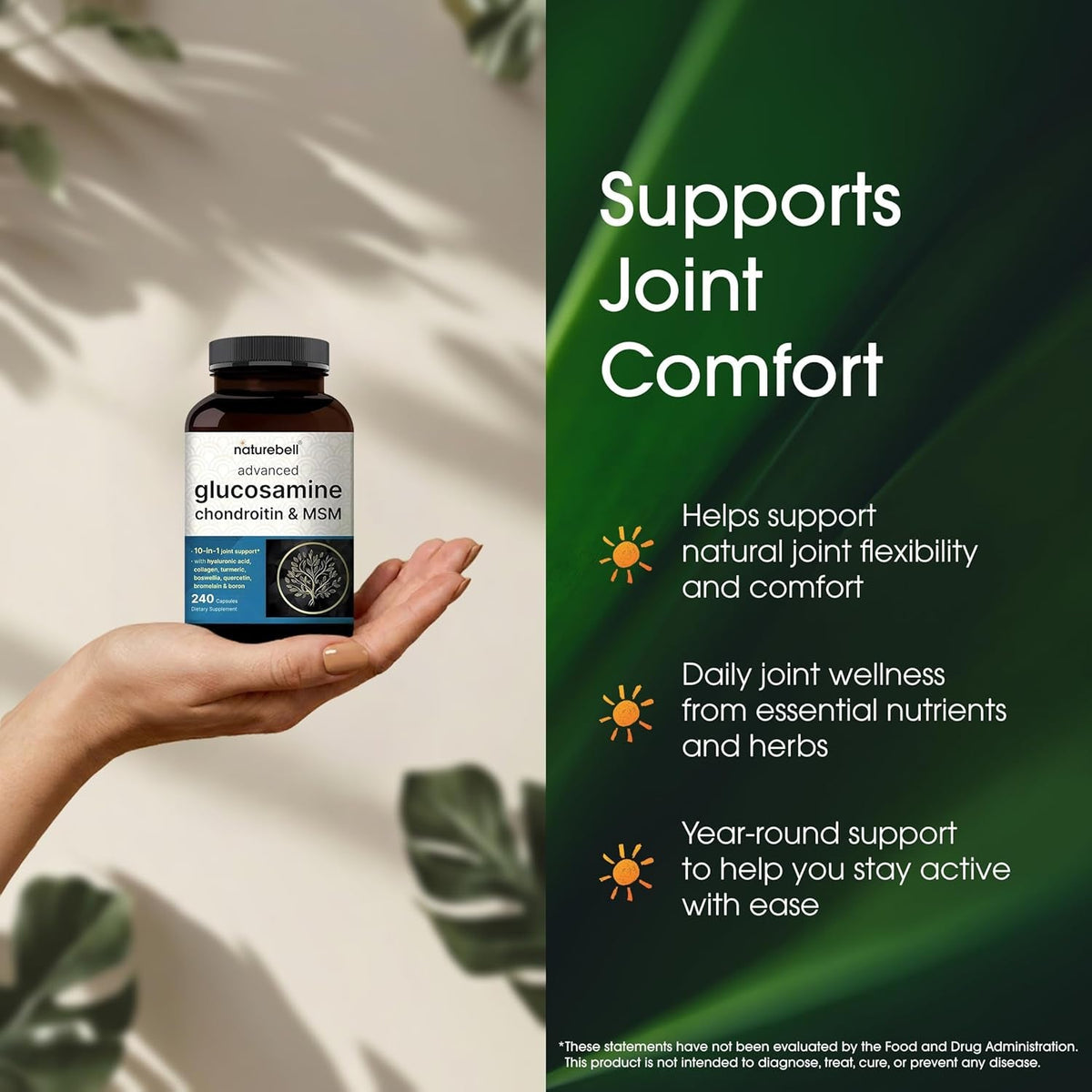 Naturebell Advanced Glucosamine Chondroitin & MSM - 240 Capsules - 10-In-1 Joint Support Complex* - Includes Hyaluronic Acid, Turmeric, Glucosamine, Collagen & More