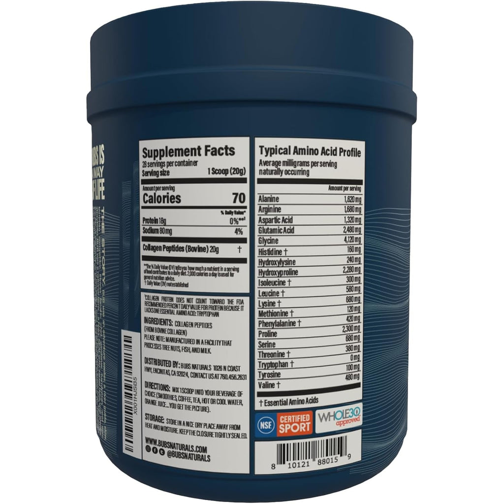 BUBS Naturals Collagen Peptides Powder, Collagen for Women & Men, Hydrolyzed Peptides, Unflavored Pasture Raised Grass Fed, Paleo Keto Friendly, Supports Hair Skin & Joint Health (20 Oz) 28 Servings