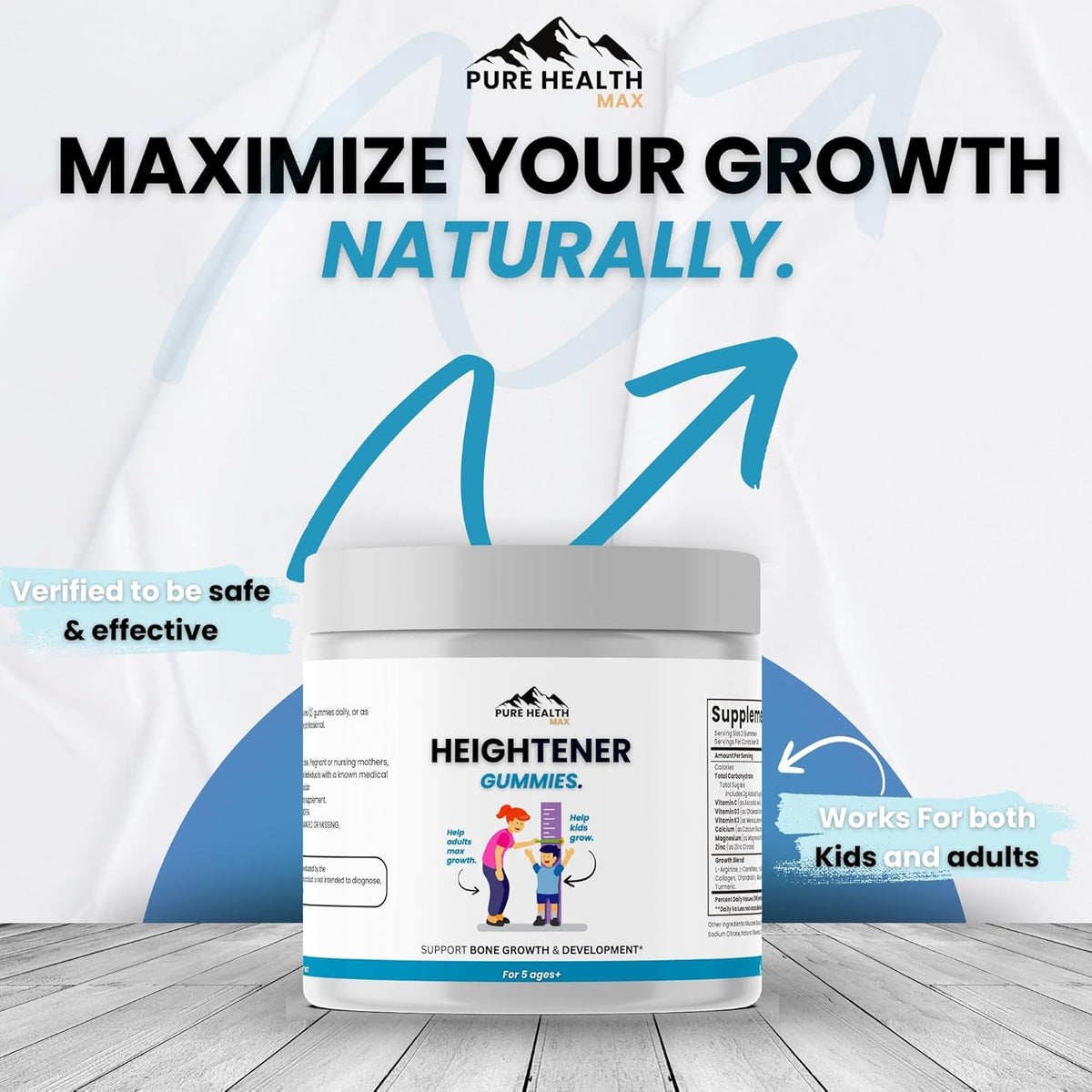 Heightener Gummies - Natural Height Growth Supplement for Kids, Teens and Adults to Increase Bone Strength and Grow Tall | Height Maximizer Pills with L-Arginine, Calcium & Zinc | 60 Gummy