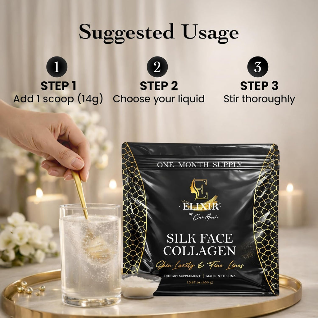 Silk Face Collagen - Collagen Peptides Powder for Women, Face and Neck 14G Protein | Ultra Low Molecular Weight Collagen – for Skin, Hair, Nail, Joint & Gut Health, 15.87 Oz (450G) Cocó March