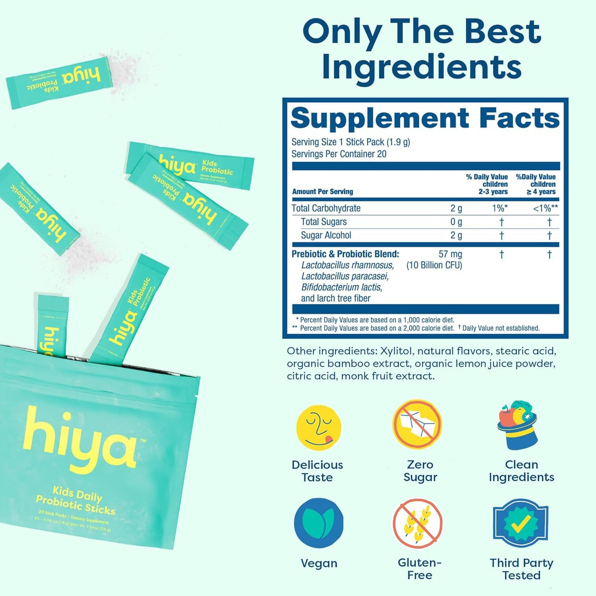 Hiya Kids Probiotic – 10 Billion CFU with Clinically-Studied Strains for Ages 2+, Supports Gut Health & Immune, 0G Sugar – 20 Stick Packs for Toddlers & Kids