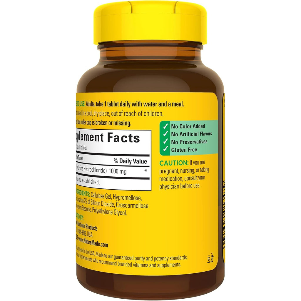 Nature Made L-Lysine 1000 Mg, Dietary L-Lysine Supplements, 60 Tablets, 60 Day Supply