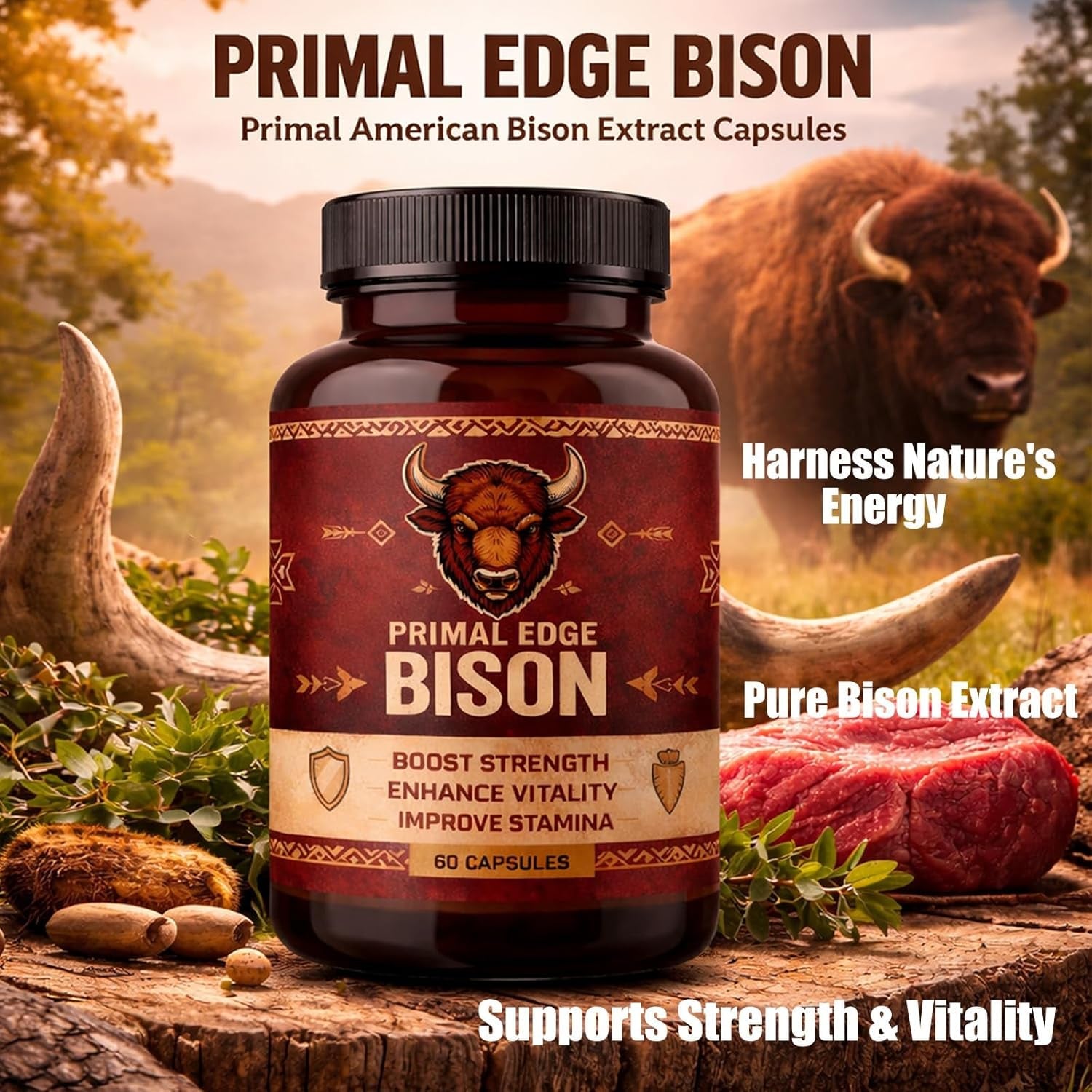 Primal Edge Bison, Primal American Bison Extract Capsules – 60 Capsules