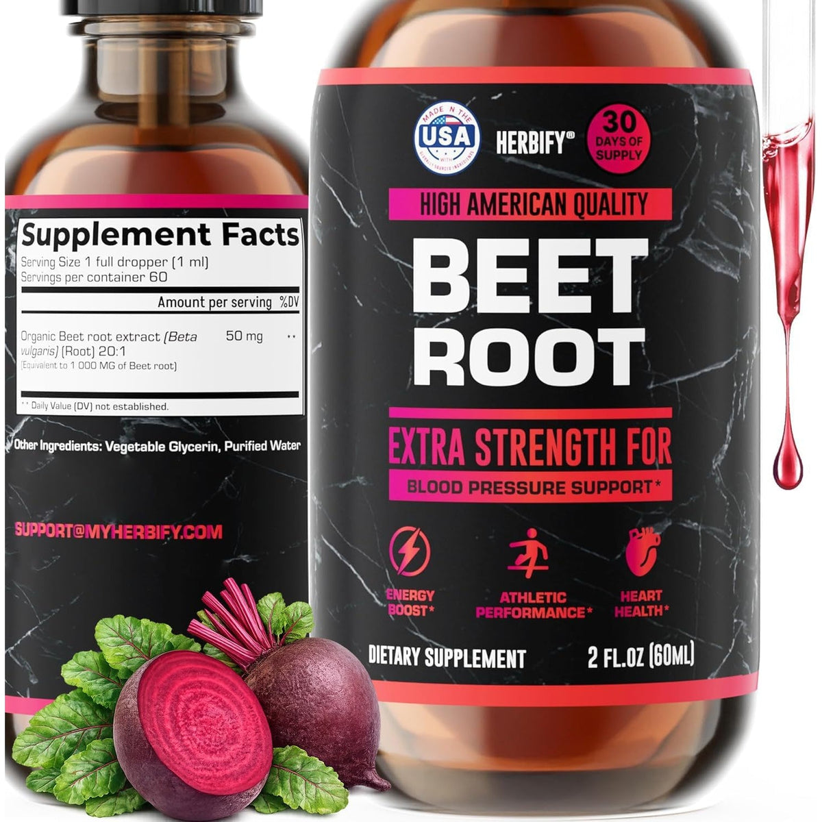 HERBIFY Beet Root Extract - Blood Pressure Supplement & Nitric Oxide Booster - Beetroot Supplement for Heart Health and Energy Booster for Men & Women (30 Days Supply) Made in USA 2 FL Oz