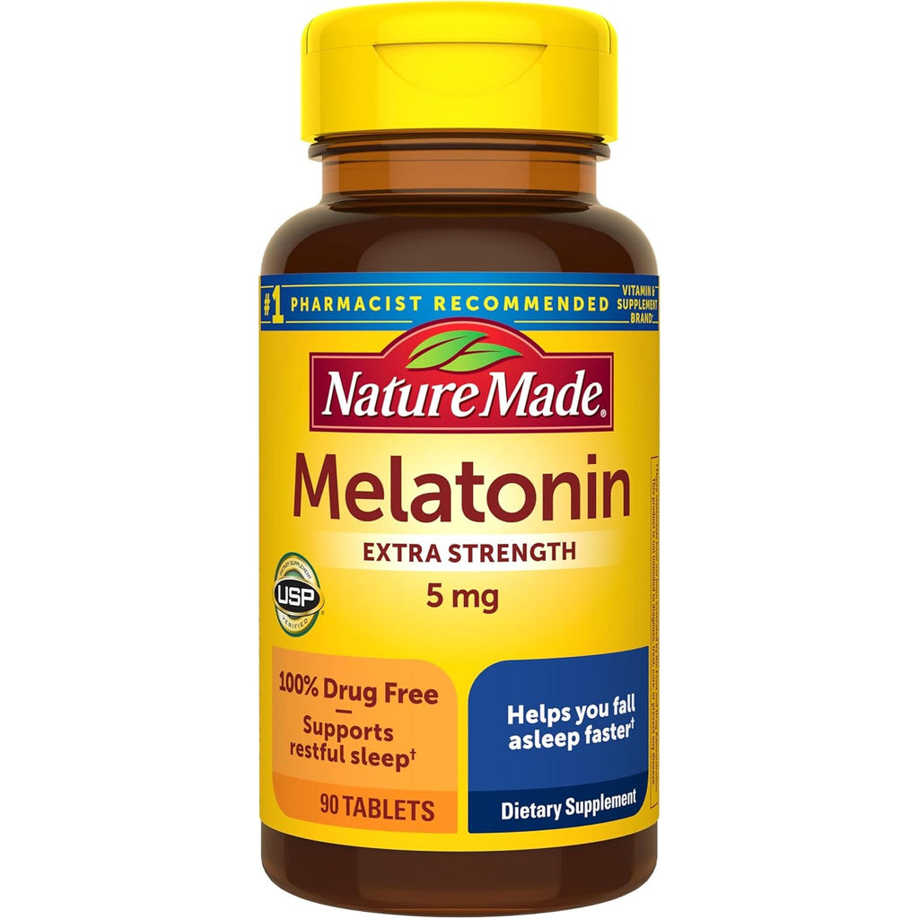 Nature Made Melatonin 5Mg Tablets Extra Strength, 100% Drug Free Sleep Aid for Adults, 90 Tablets, 90 Day Supply
