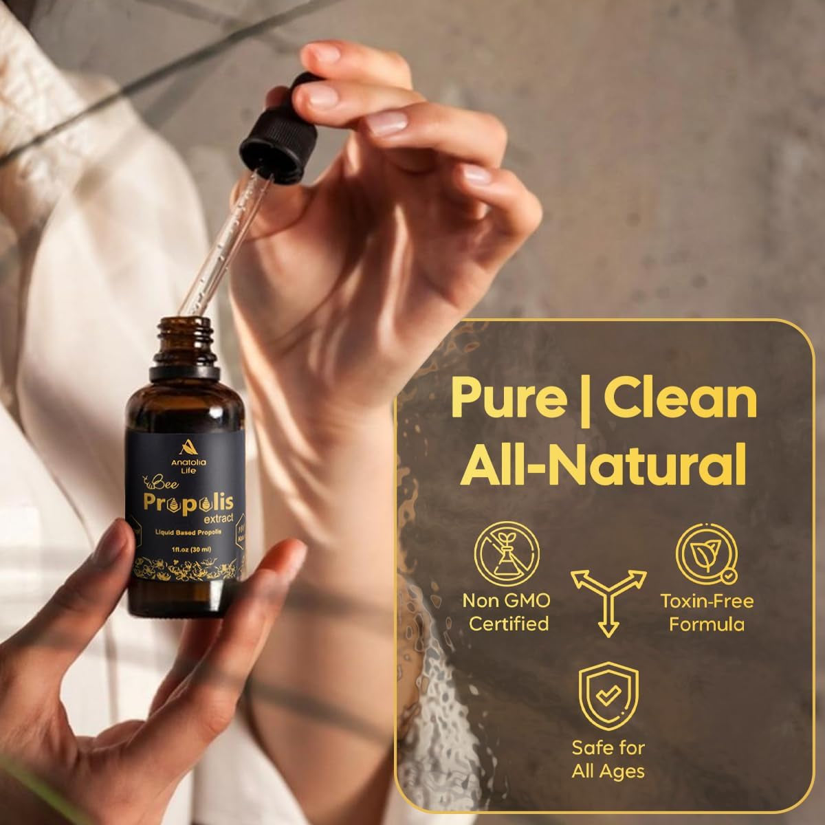 Natural Bee Propolis Extract, 30 Ml, Advanced Liquid Tincture Immune System Booster and Seasonal Defense, Pure High Potency Herbal Supplement, Non-Gmo and Alcohol Free (1 Pack)