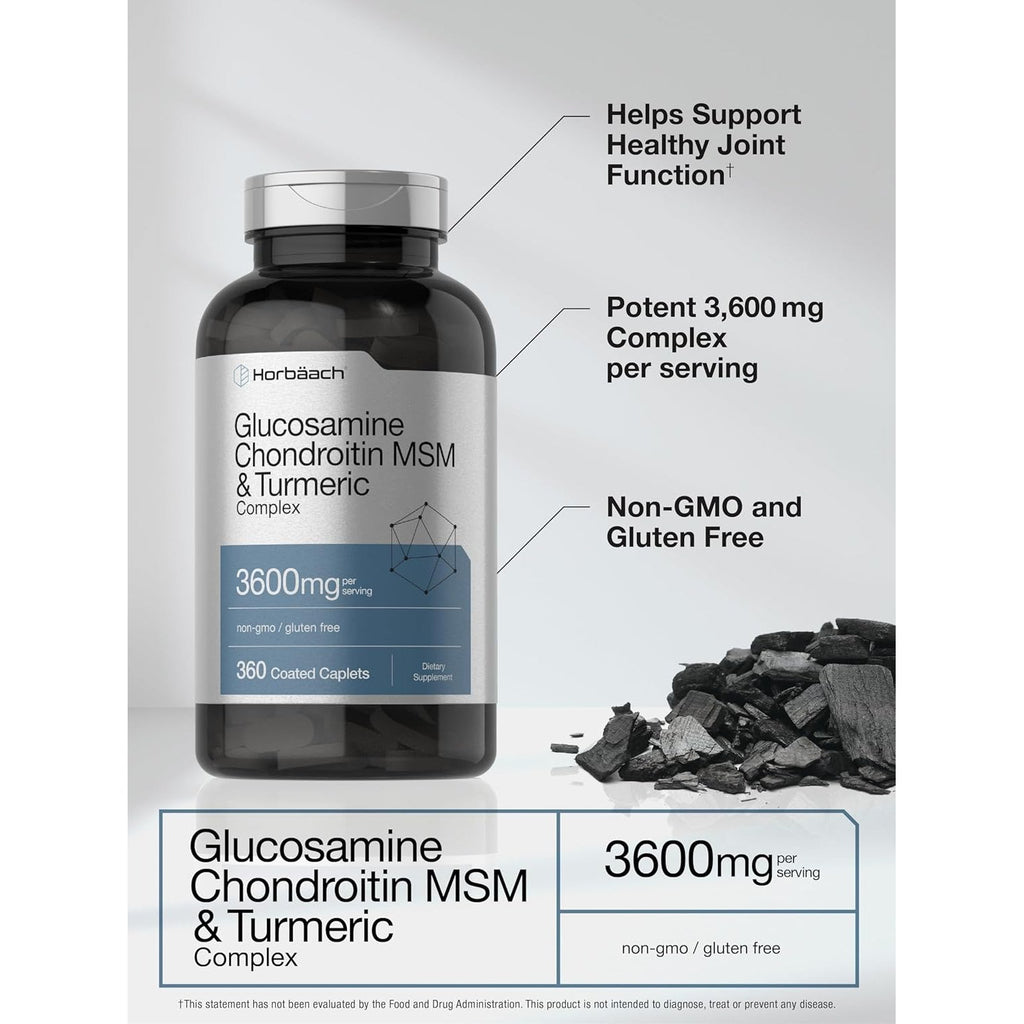 Horbäach Glucosamine Chondroitin MSM | 360 Caplets | Advanced Formula with Turmeric | Non-Gmo, Gluten Free