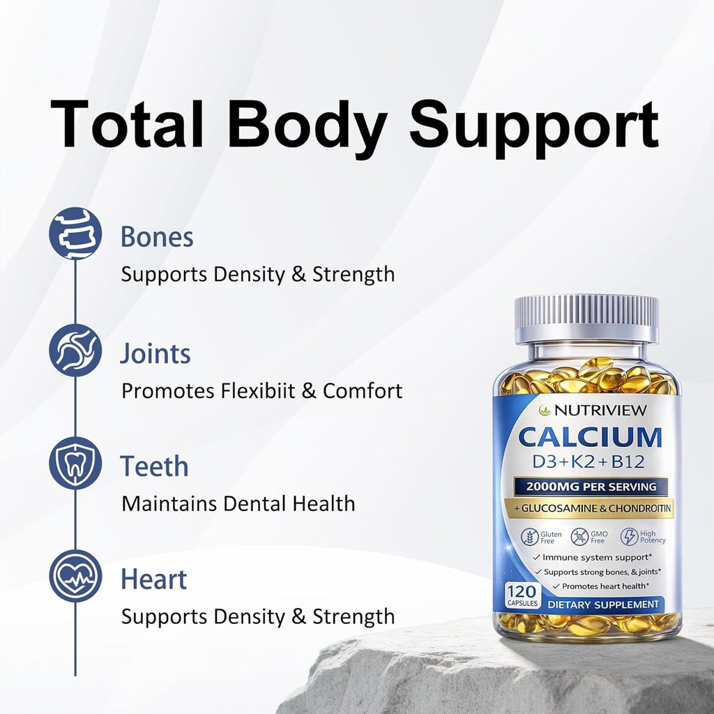 Nutriview Calcium 2000Mg with D3 & K2 - High Absorption Bone Health Supplement for Women, Non-Gmo, 120 Softgels（1Pc）