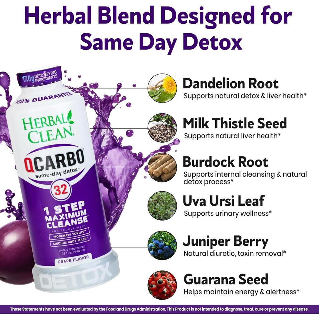 Herbal Clean Qcarbo32 Same Day Detox Cleanse Drink (32 Fl Oz) - Grape Flavor Full Body Cleanse* Detox Drink for Moderate Toxin Level*, Vitamin B2 and Vitamin B12 for Men & Women