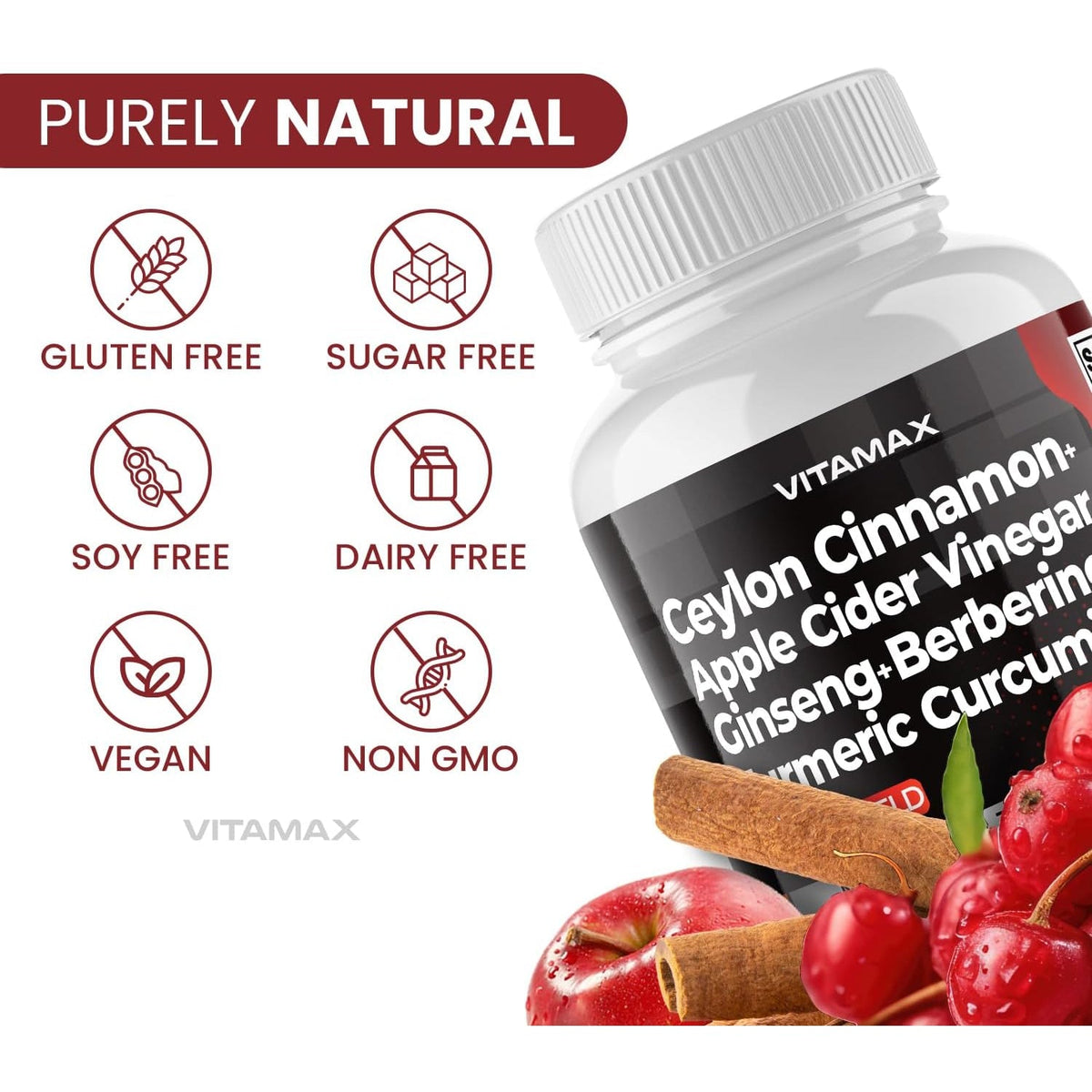 Ceylon Cinnamon, Apple Cider Vinegar, Turmeric - Gluco Health Support - Panax Ginseng, Berberine, Bitter Melon Milk Thistle Fenugreek - Non GMO – Made in USA – 60Ct