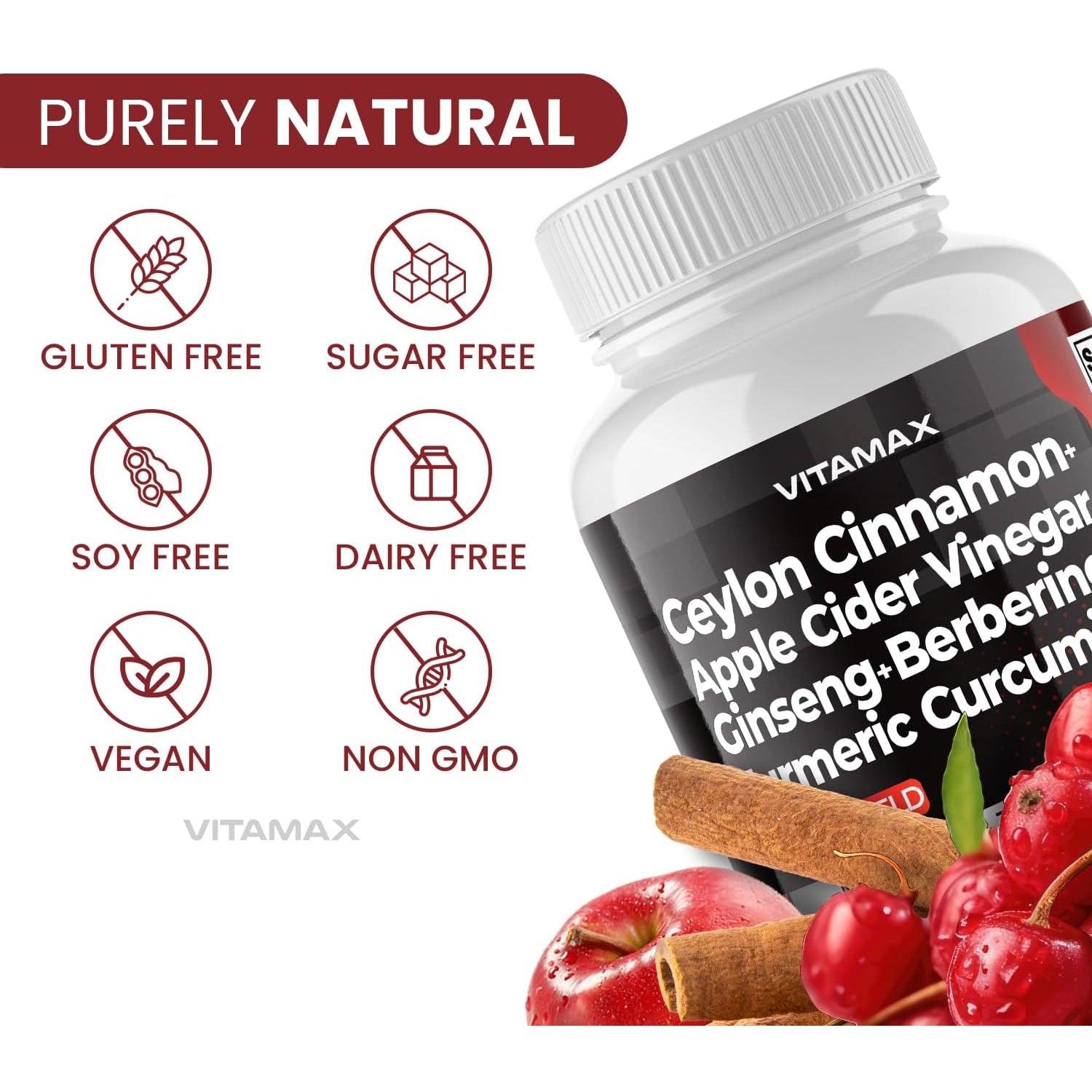 Ceylon Cinnamon, Apple Cider Vinegar, Turmeric - Gluco Health Support - Panax Ginseng, Berberine, Bitter Melon Milk Thistle Fenugreek - Non GMO – Made in USA – 60Ct
