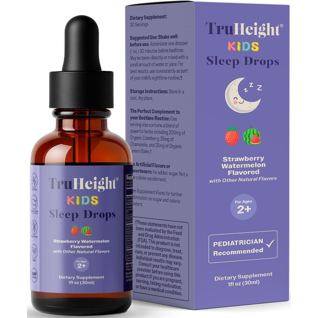 Truheight Kids Sleep Tincture Ages 2+ (Watermelon Flavor) - Babies, Toddlers & Kids Natural Sleep Aid - Baby, Toddler, Child Melatonin 2 Year Old+ - Vitamin B6, Riboflavin, Zinc, Copper, Lemon Balm