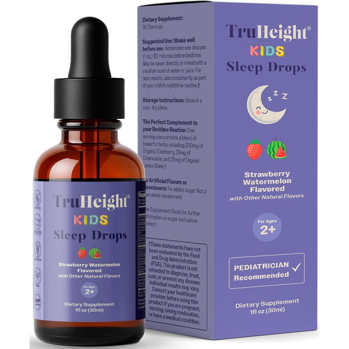 Truheight Kids Sleep Tincture Ages 2+ (Watermelon Flavor) - Babies, Toddlers & Kids Natural Sleep Aid - Baby, Toddler, Child Melatonin 2 Year Old+ - Vitamin B6, Riboflavin, Zinc, Copper, Lemon Balm