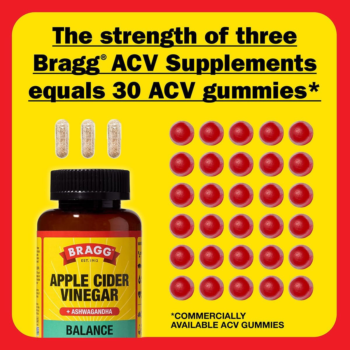 Bragg Daily Balance Apple Cider Vinegar and Sensoril Ashwagandha Capsules - 750Mg of Acetic Acid – Energy & Weight Management Support - (90 Pills)